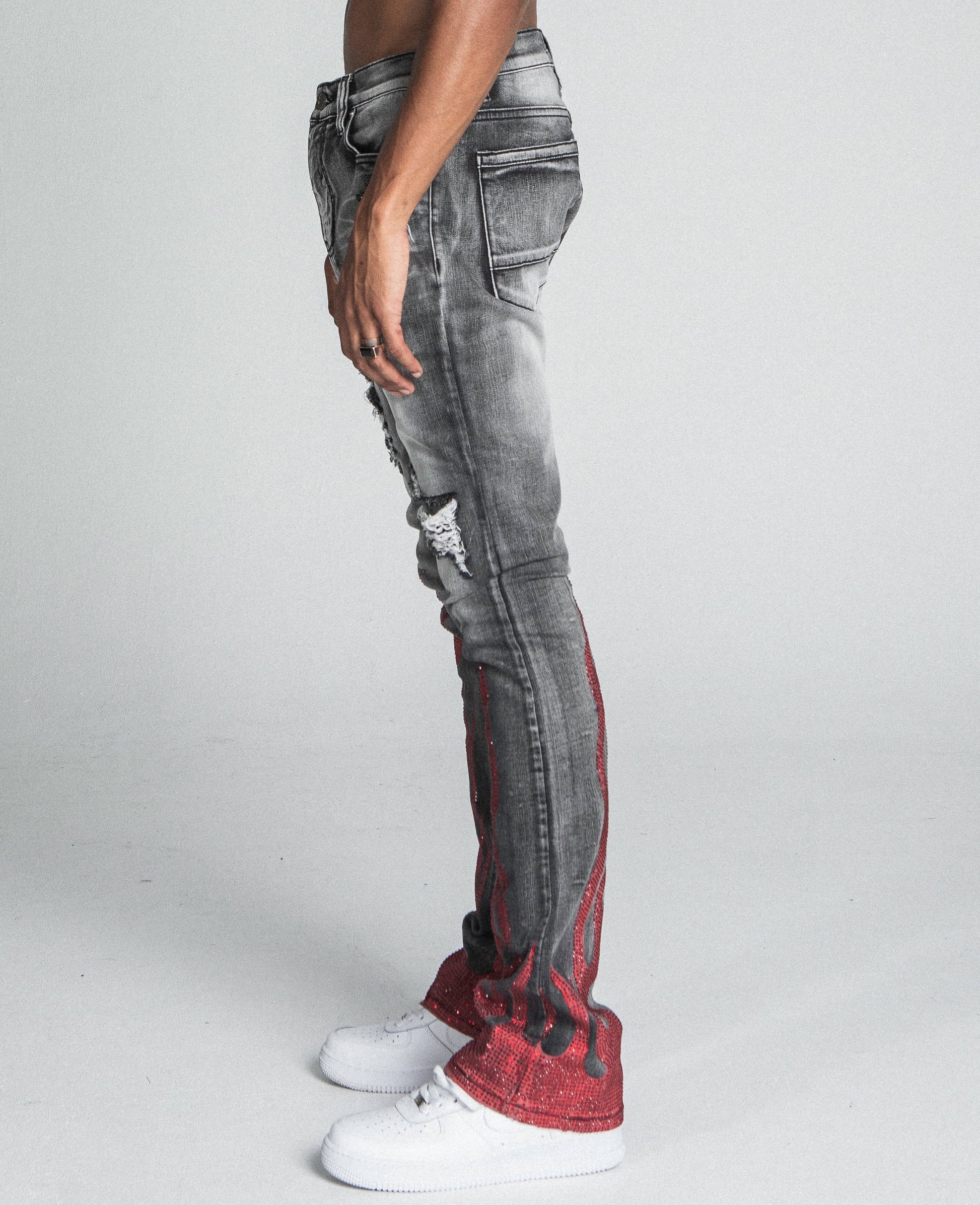 AJ23SK FLAME RHINESTONE STACKED JEANS