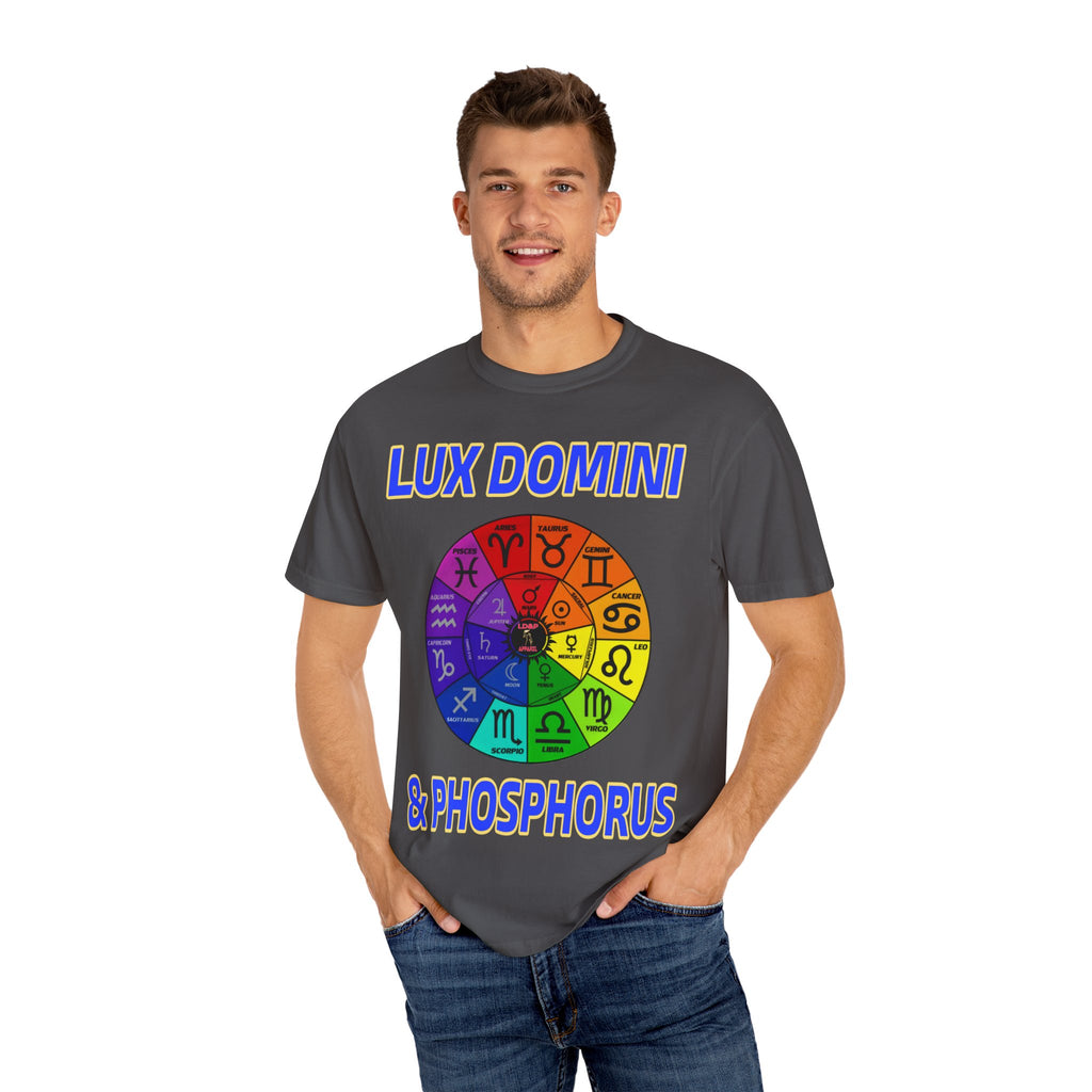 Unisex T-shirt Lux Domini and Phosphorus Zodiac Wheel Design