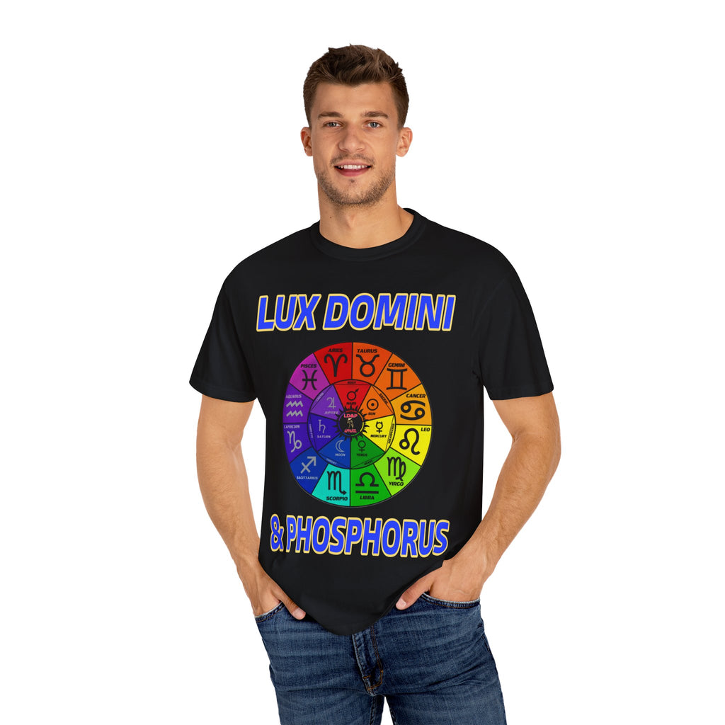 Unisex T-shirt Lux Domini and Phosphorus Zodiac Wheel Design