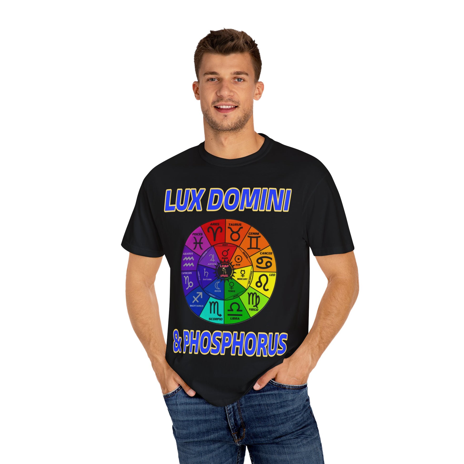 Unisex T-shirt Lux Domini and Phosphorus Zodiac Wheel Design