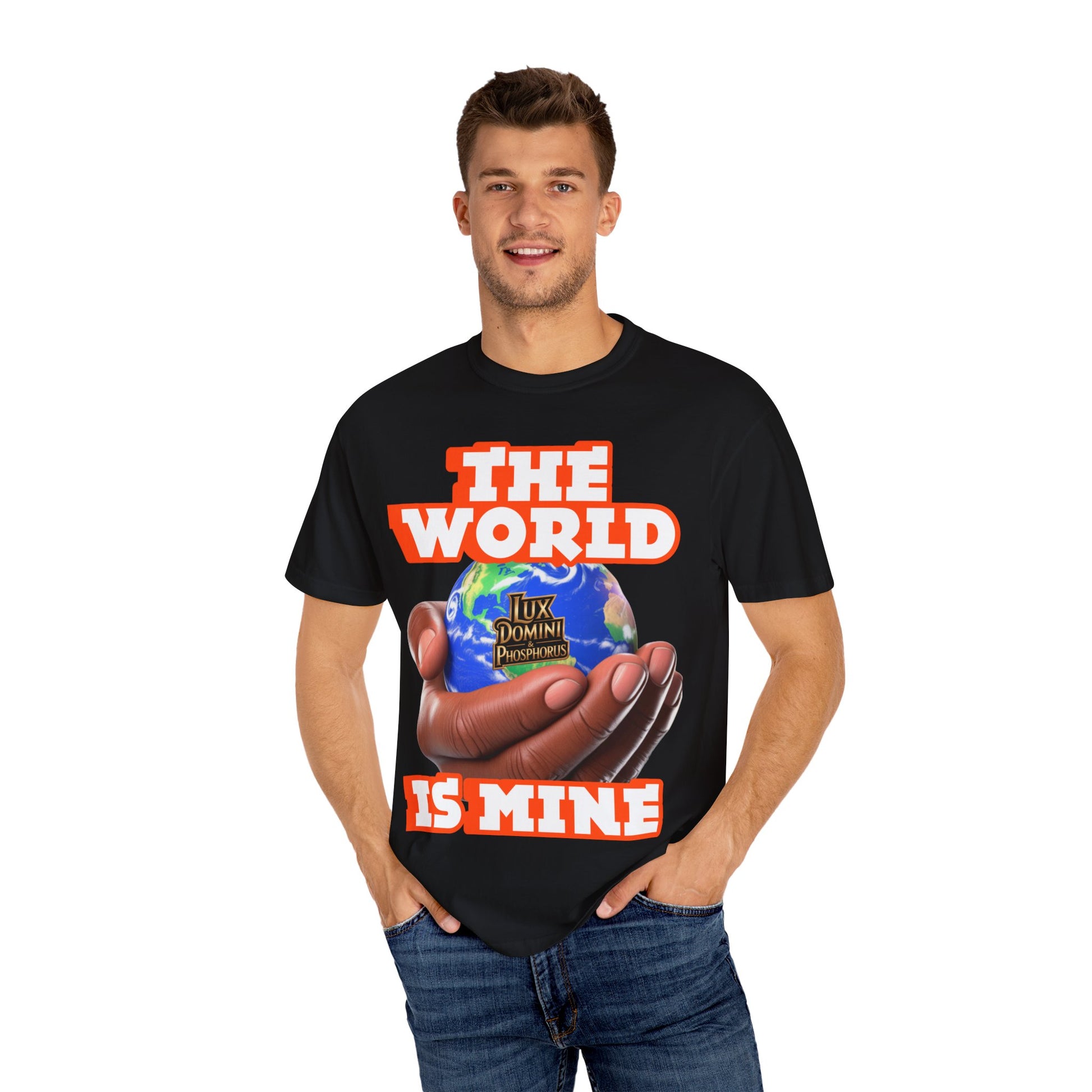 Unisex T-shirt Lux Domini and Phosphoros The World is Mine Design