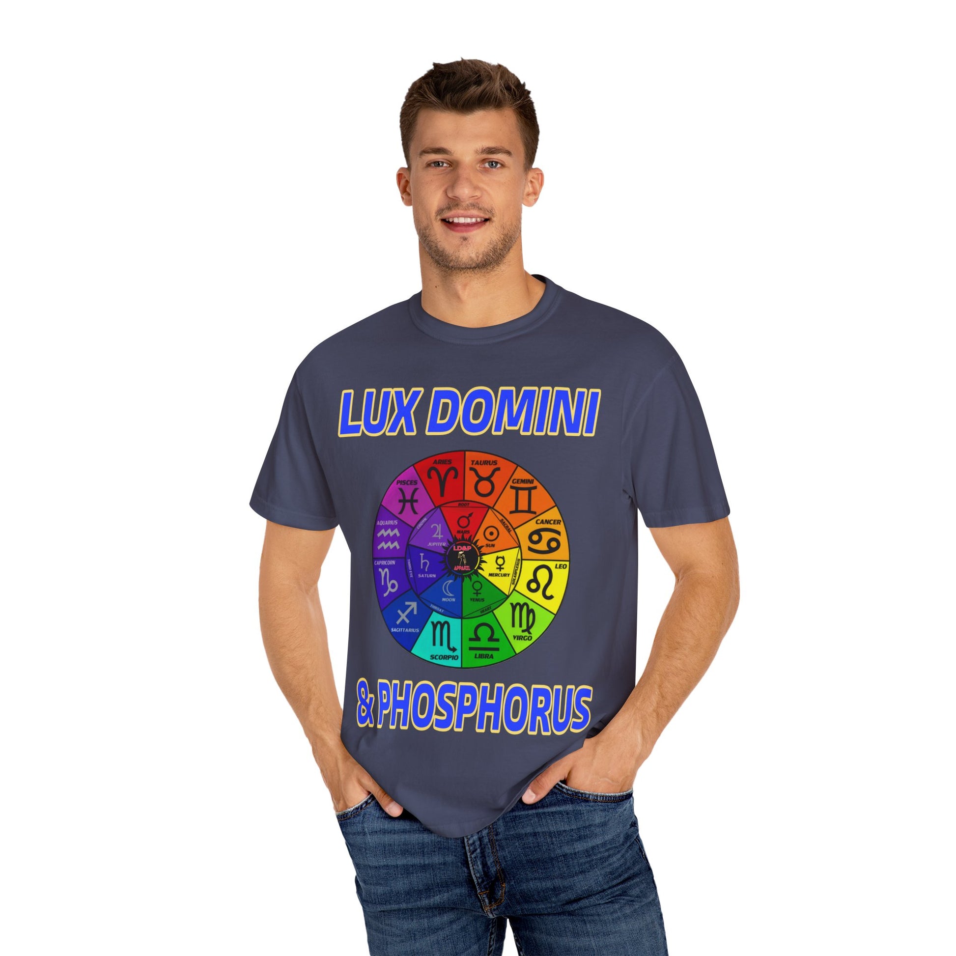 Unisex T-shirt Lux Domini and Phosphorus Zodiac Wheel Design
