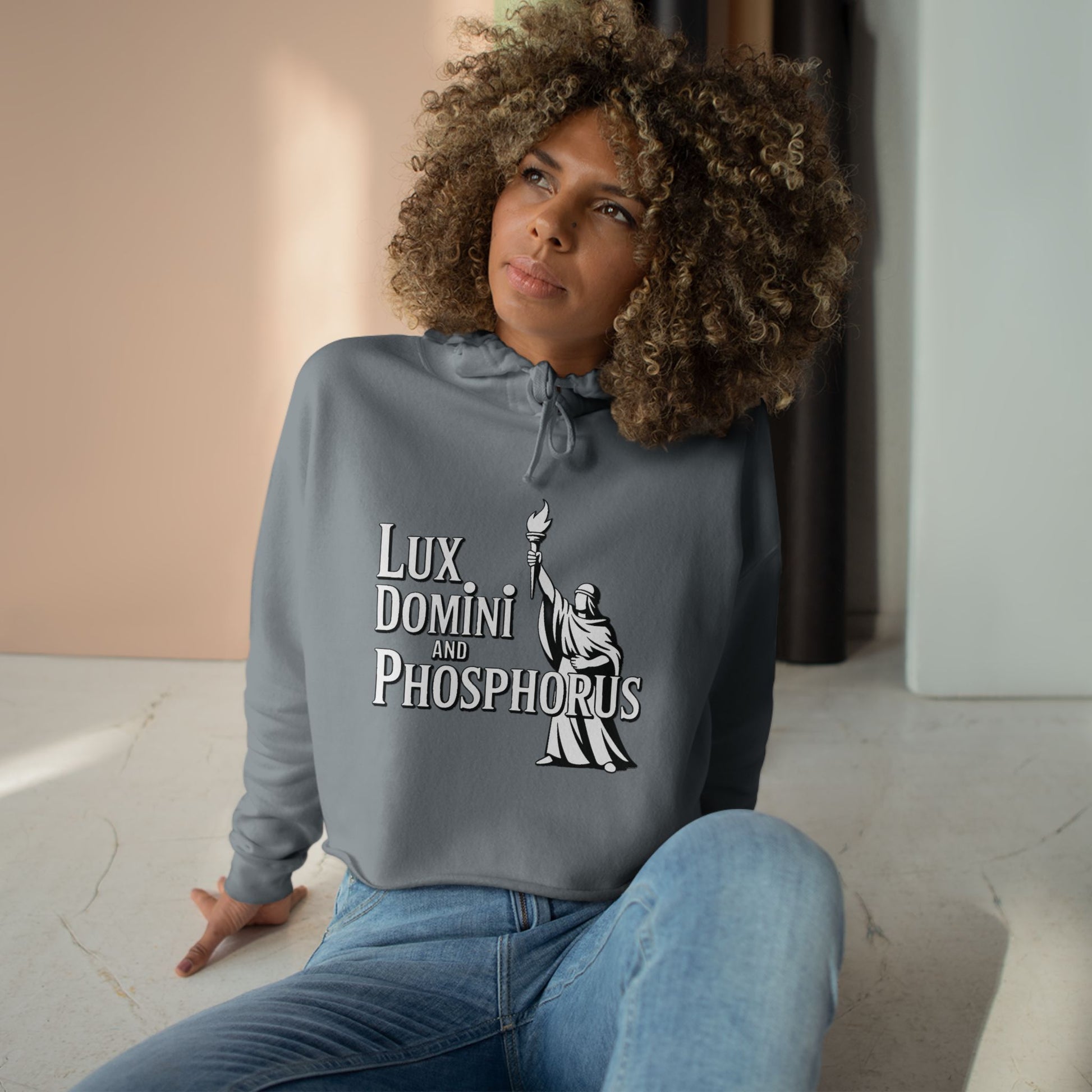 Lux Domini & Phosphorus Crop Hoodie — Gothic Latin Graphic