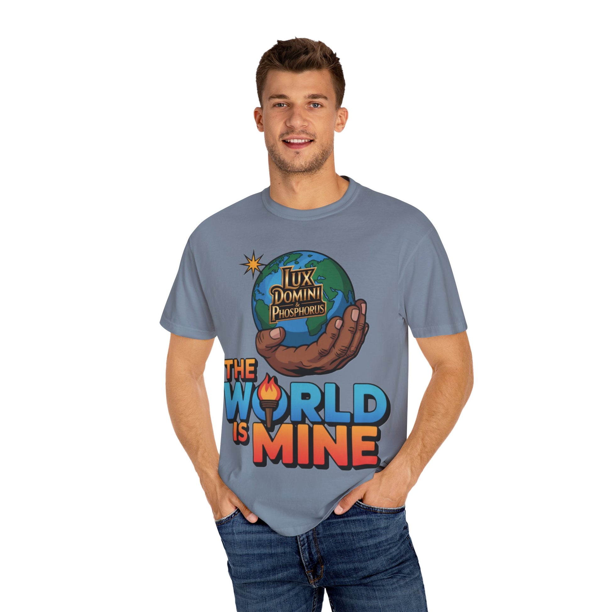 Unisex T-shirt Lux Domini and Phosphoros The World is Mine Design