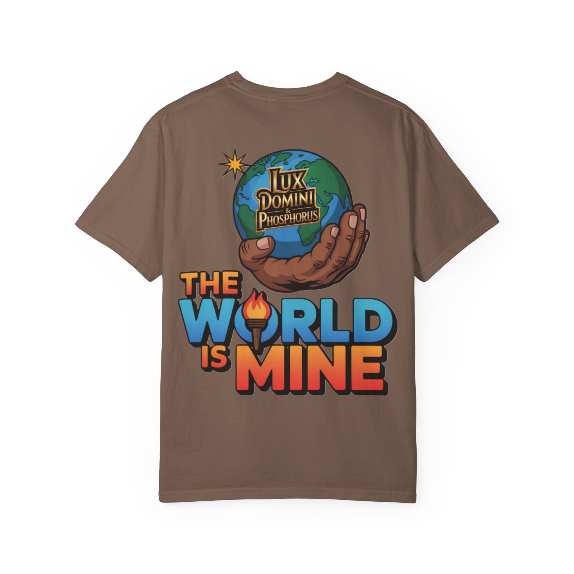 Unisex T-shirt Lux Domini and Phosphoros The World is Mine Design