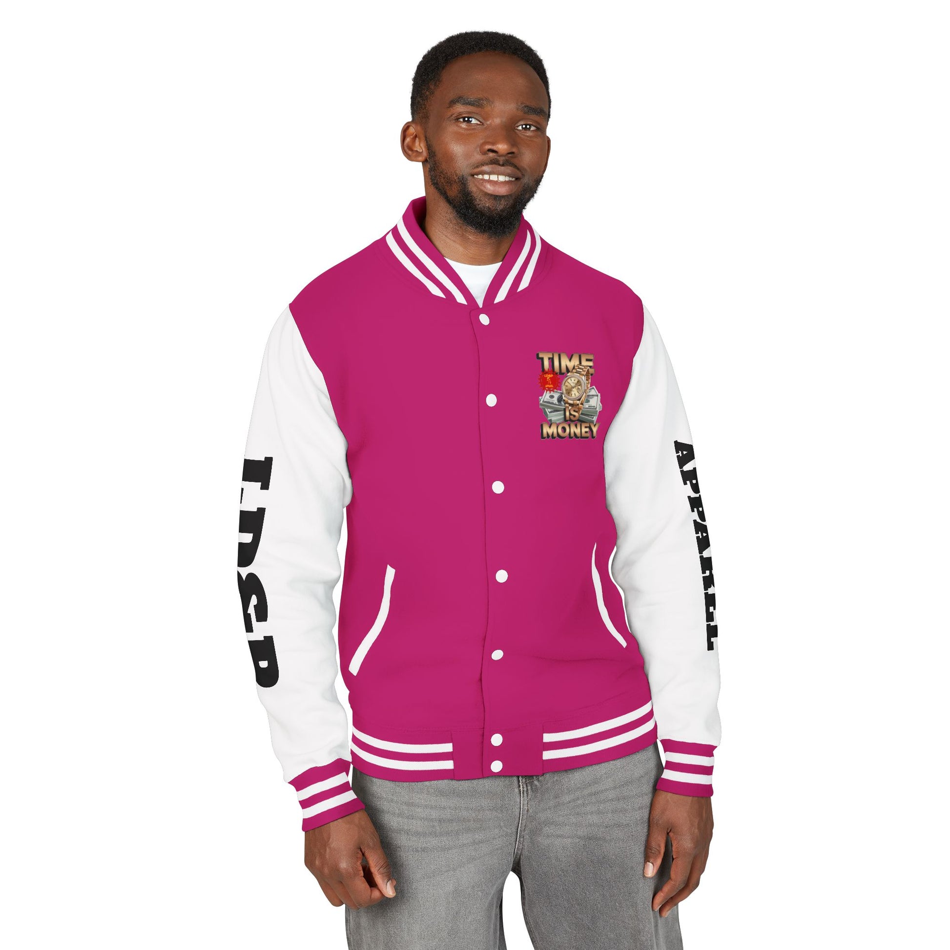Unisex Heavyweight Letterman Jacket – Time is Money Design