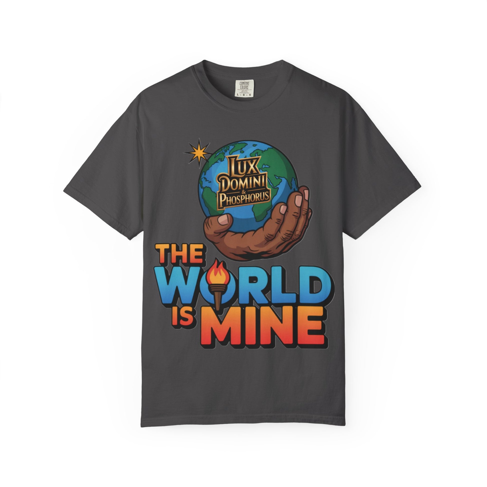 Unisex T-shirt Lux Domini and Phosphoros The World is Mine Design