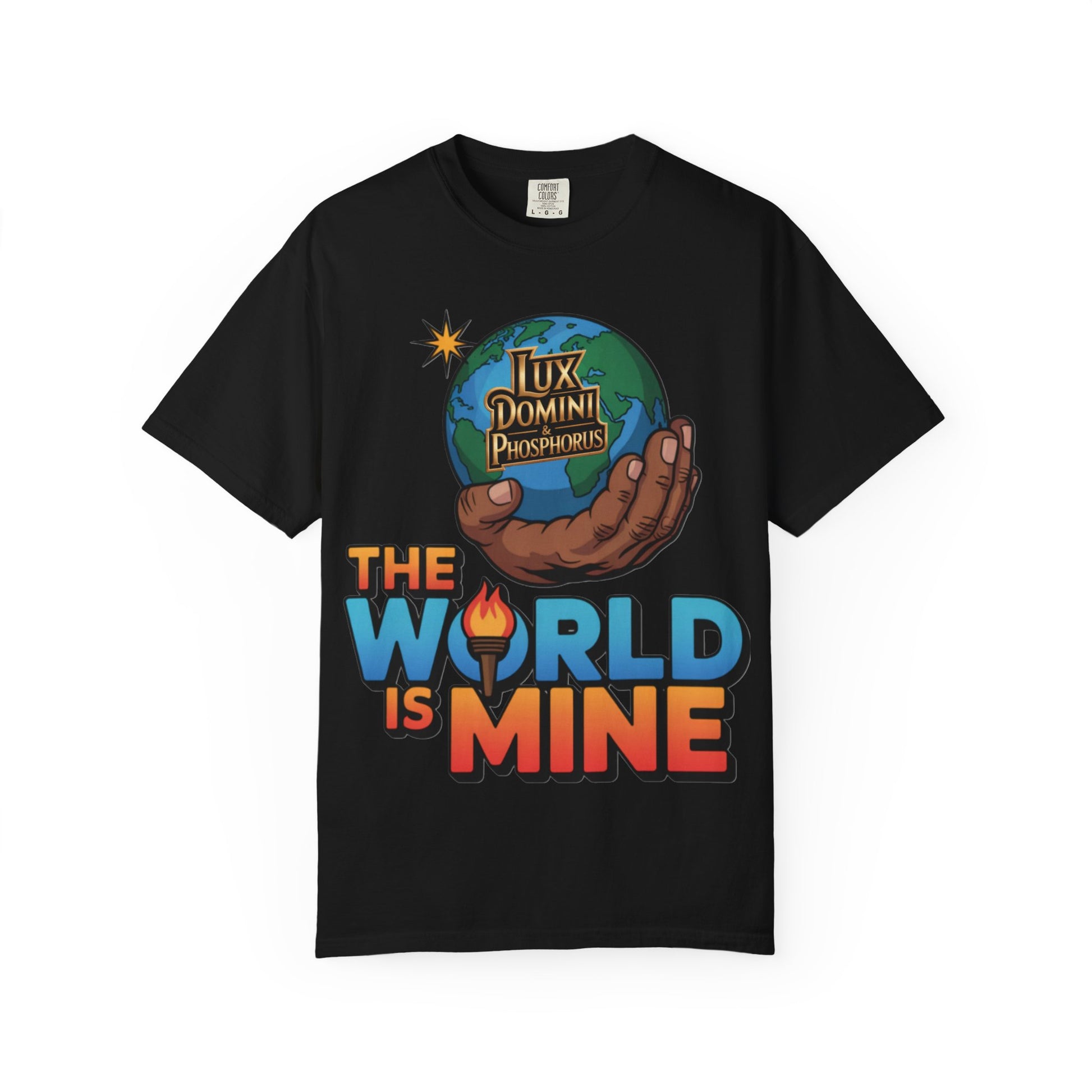 Unisex T-shirt Lux Domini and Phosphoros The World is Mine Design