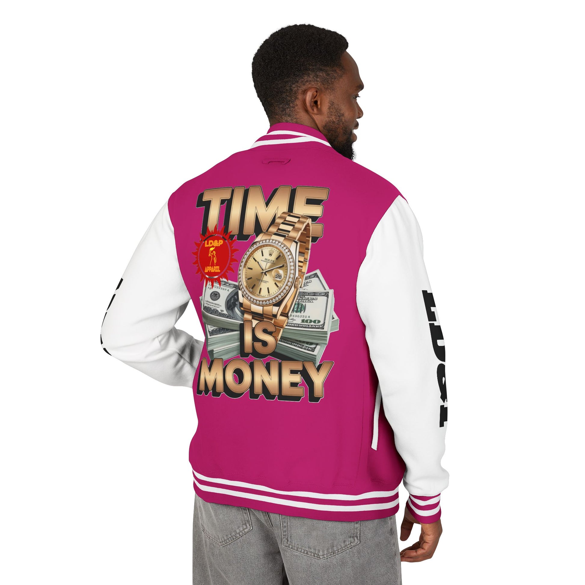 Unisex Heavyweight Letterman Jacket – Time is Money Design