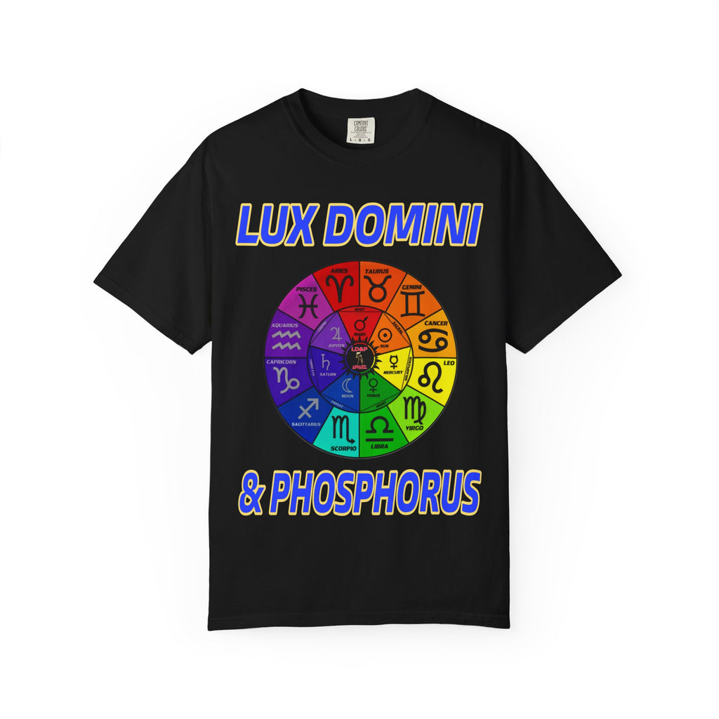 Unisex T-shirt Lux Domini and Phosphorus Zodiac Wheel Design