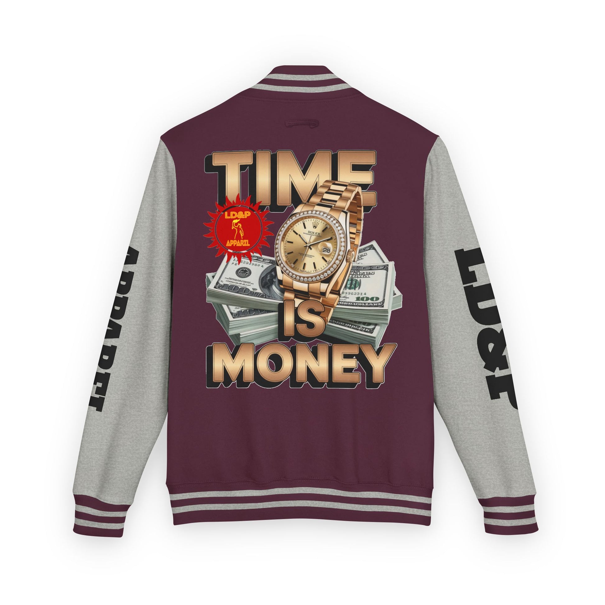 Unisex Heavyweight Letterman Jacket – Time is Money Design