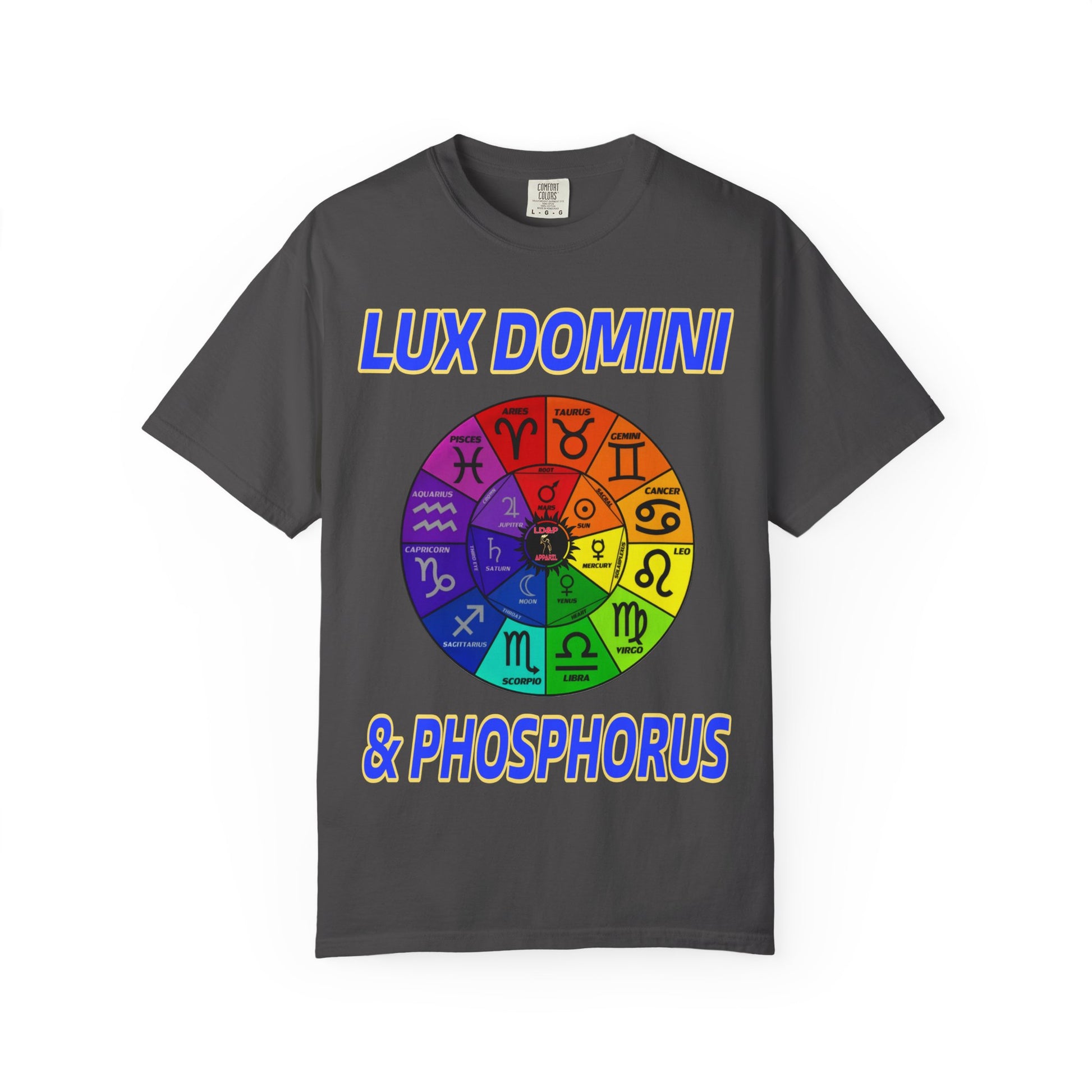 Unisex T-shirt Lux Domini and Phosphorus Zodiac Wheel Design