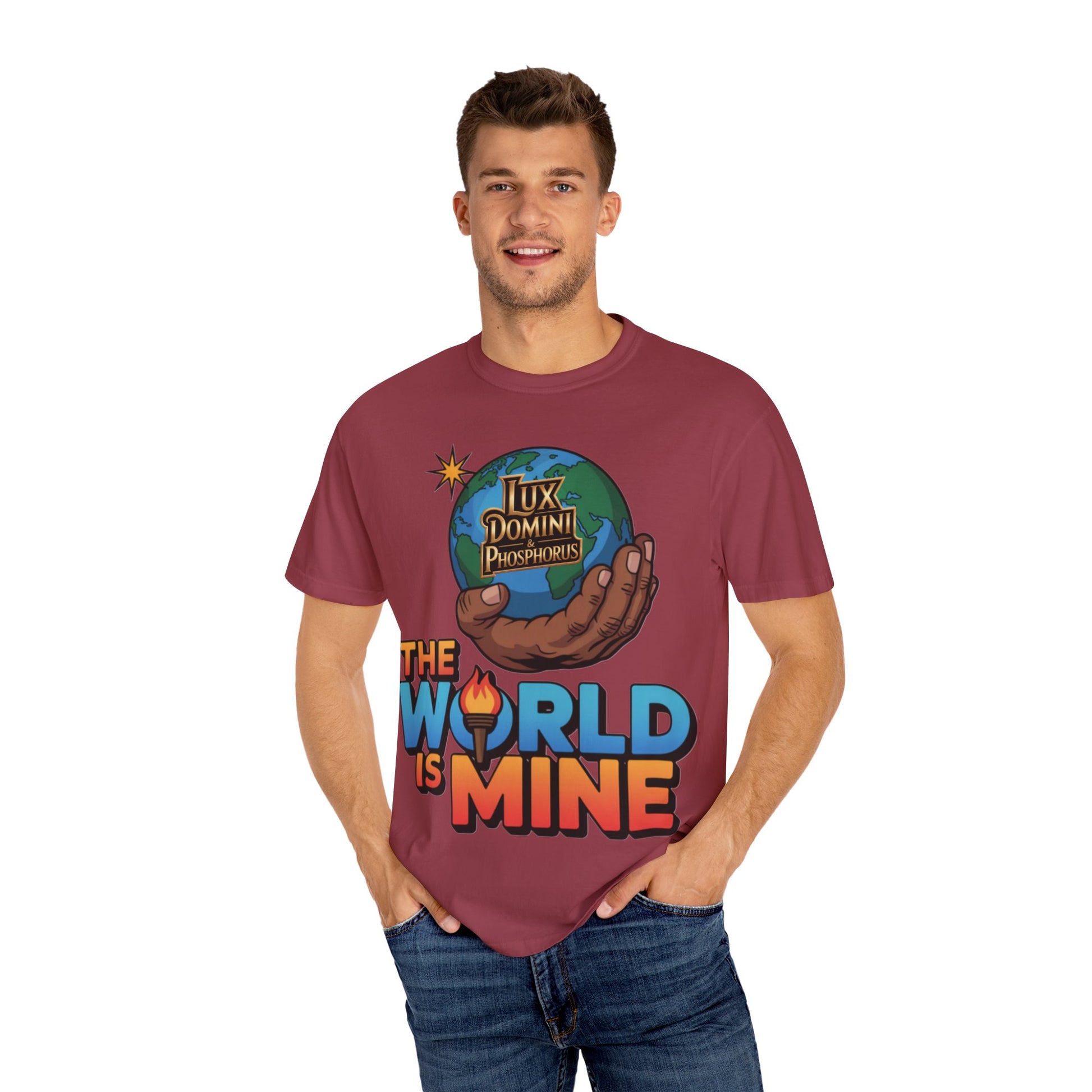 Unisex T-shirt Lux Domini and Phosphoros The World is Mine Design