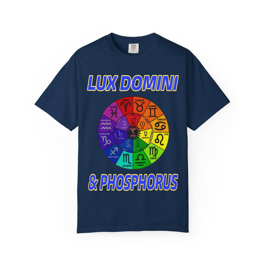 Unisex T-shirt Lux Domini and Phosphorus Zodiac Wheel Design