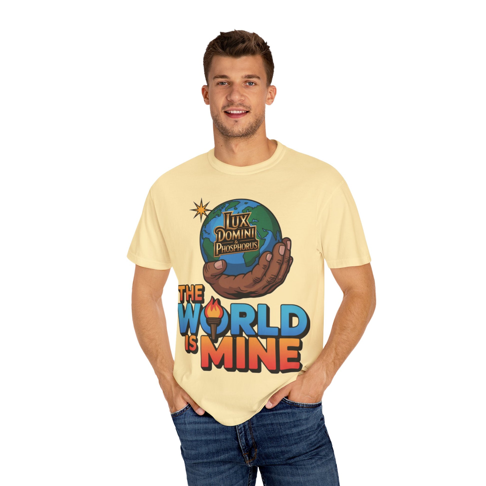 Unisex T-shirt Lux Domini and Phosphoros The World is Mine Design
