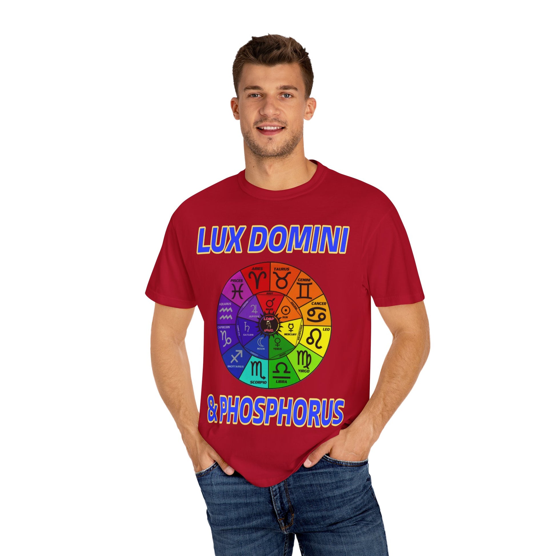 Unisex T-shirt Lux Domini and Phosphorus Zodiac Wheel Design