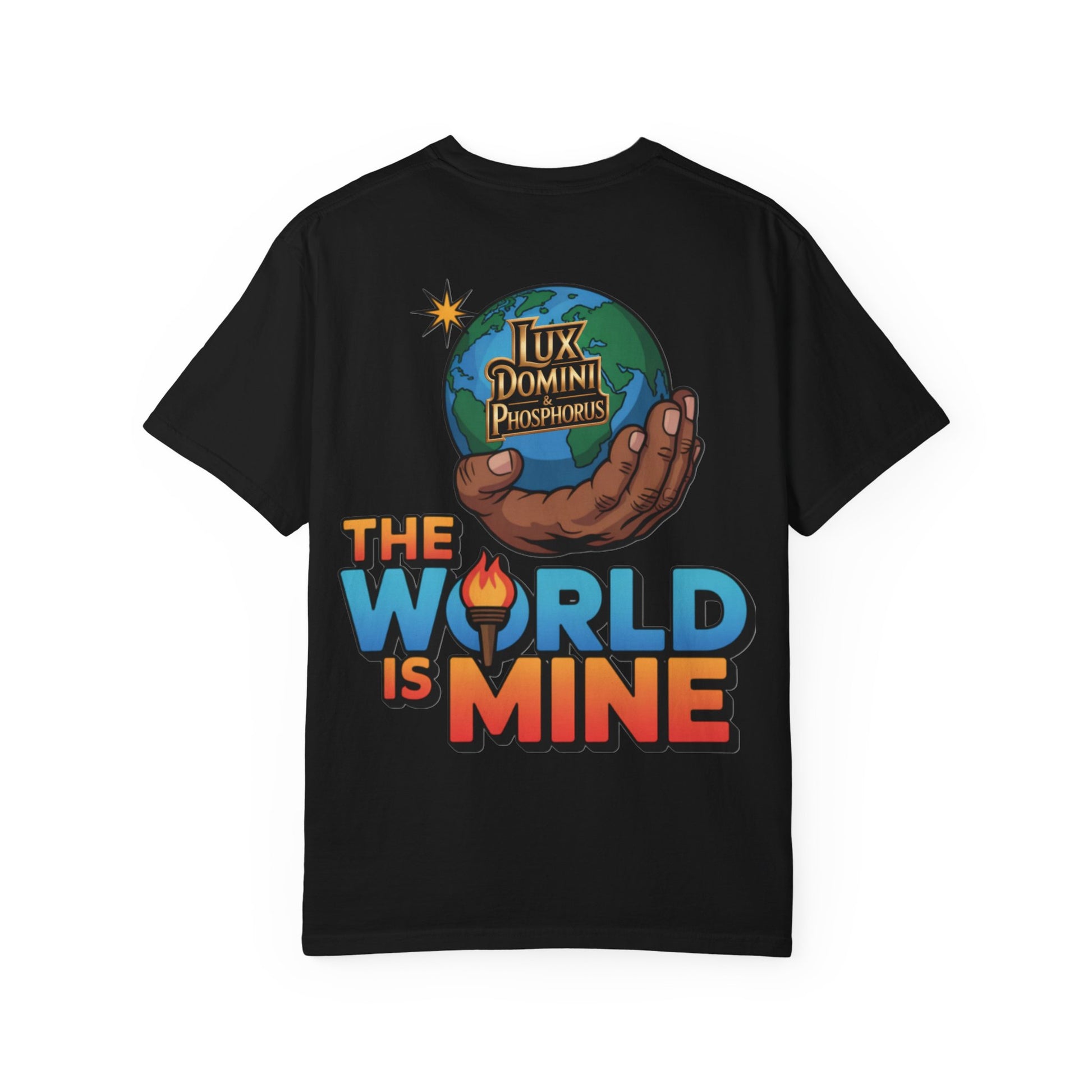 Unisex T-shirt Lux Domini and Phosphoros The World is Mine Design