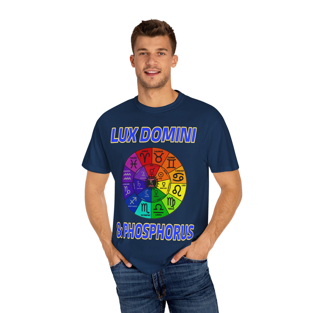 Unisex T-shirt Lux Domini and Phosphorus Zodiac Wheel Design