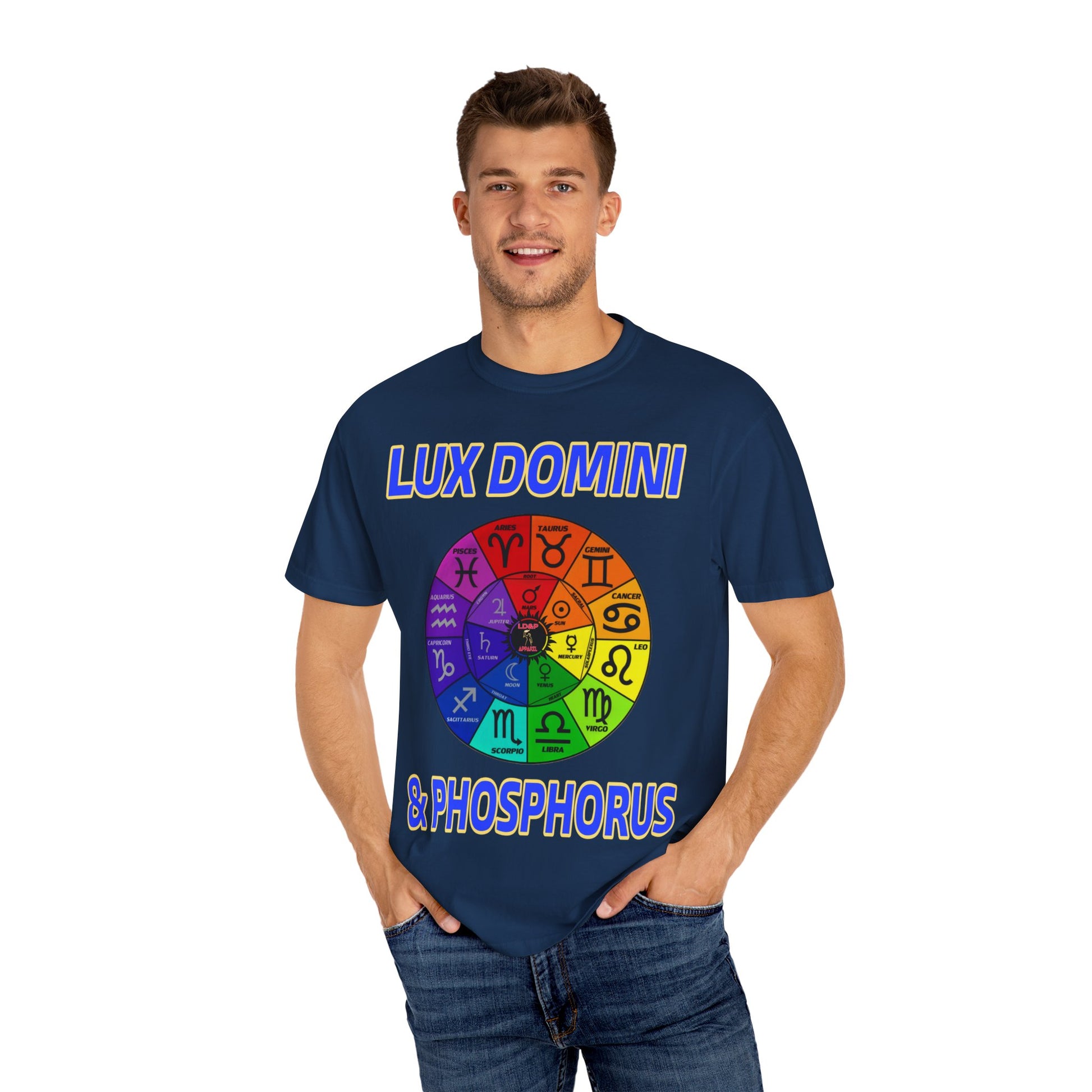 Unisex T-shirt Lux Domini and Phosphorus Zodiac Wheel Design