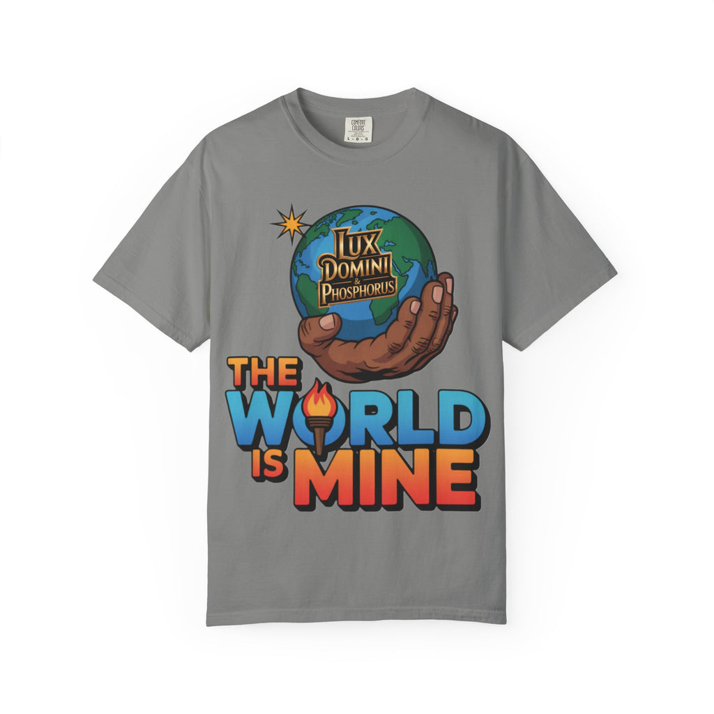 Unisex T-shirt Lux Domini and Phosphoros The World is Mine Design