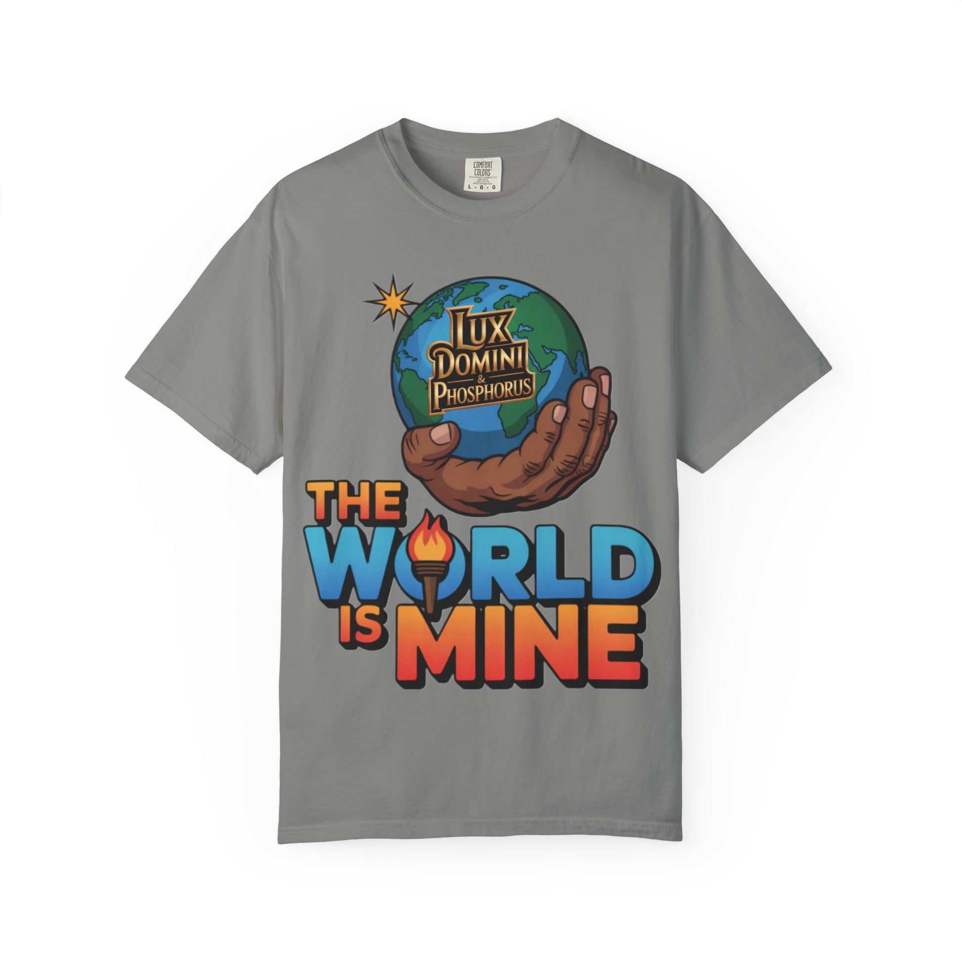 Unisex T-shirt Lux Domini and Phosphoros The World is Mine Design