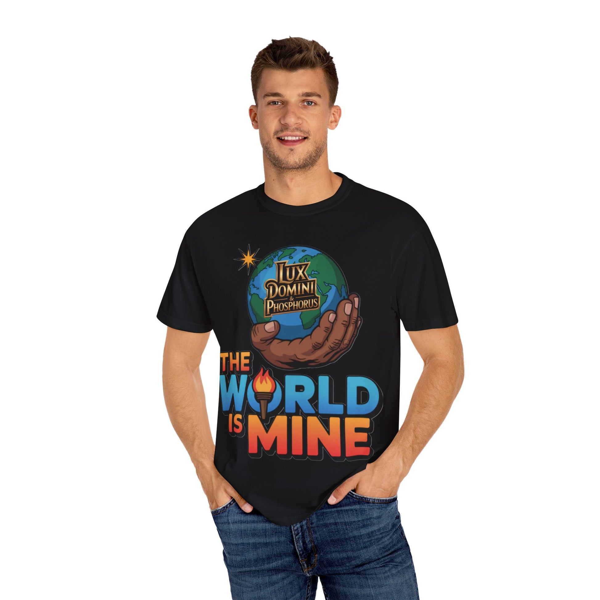 Unisex T-shirt Lux Domini and Phosphoros The World is Mine Design
