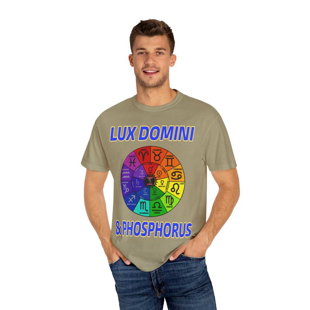 Unisex T-shirt Lux Domini and Phosphorus Zodiac Wheel Design
