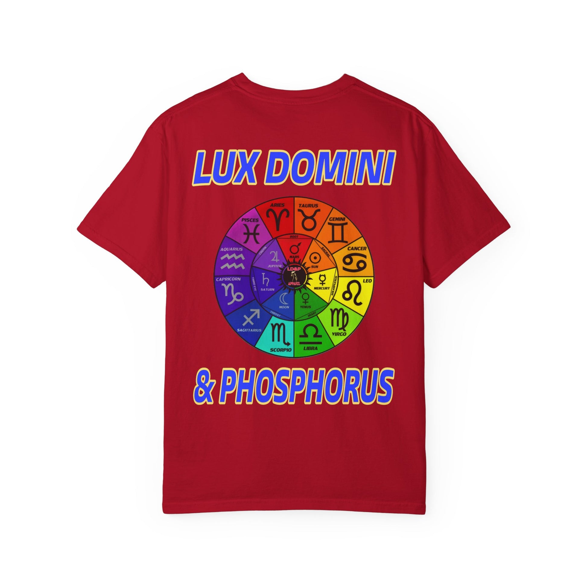 Unisex T-shirt Lux Domini and Phosphorus Zodiac Wheel Design
