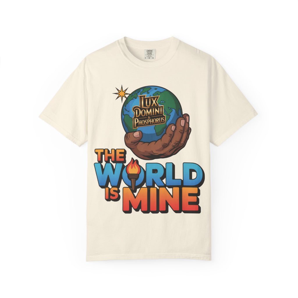 Unisex T-shirt Lux Domini and Phosphoros The World is Mine Design