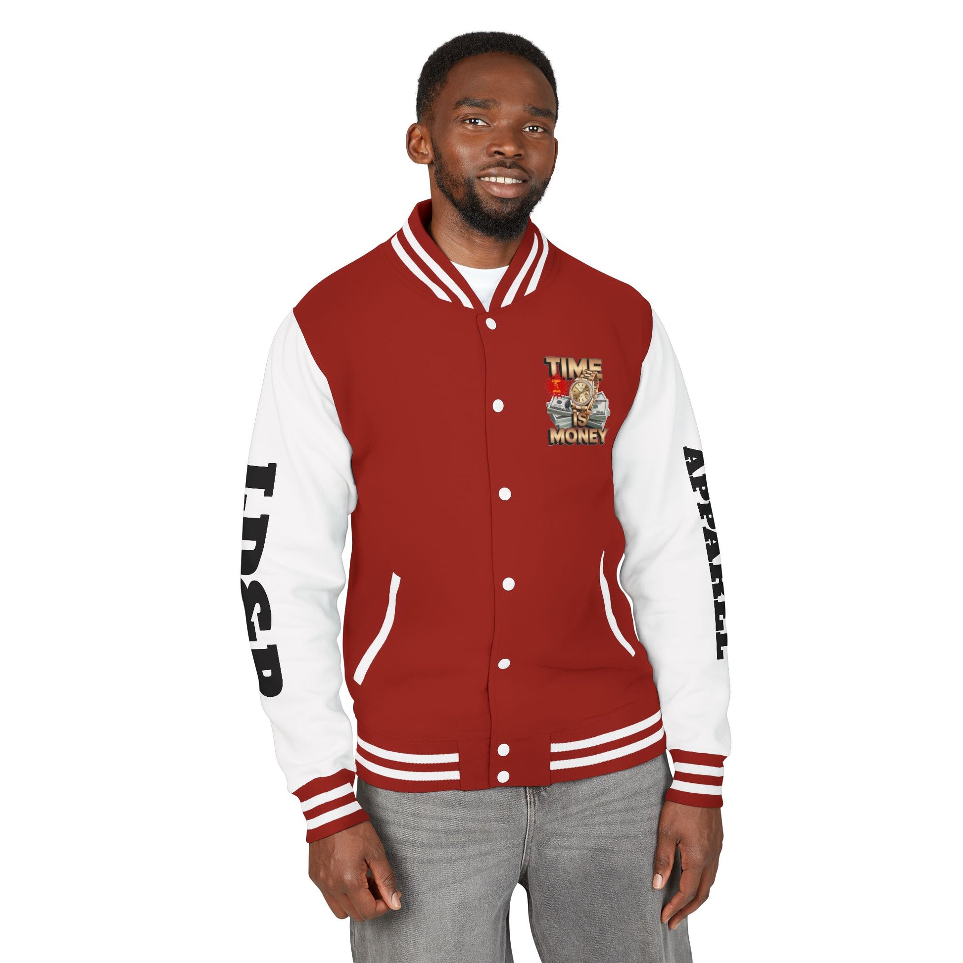 Unisex Heavyweight Letterman Jacket – Time is Money Design