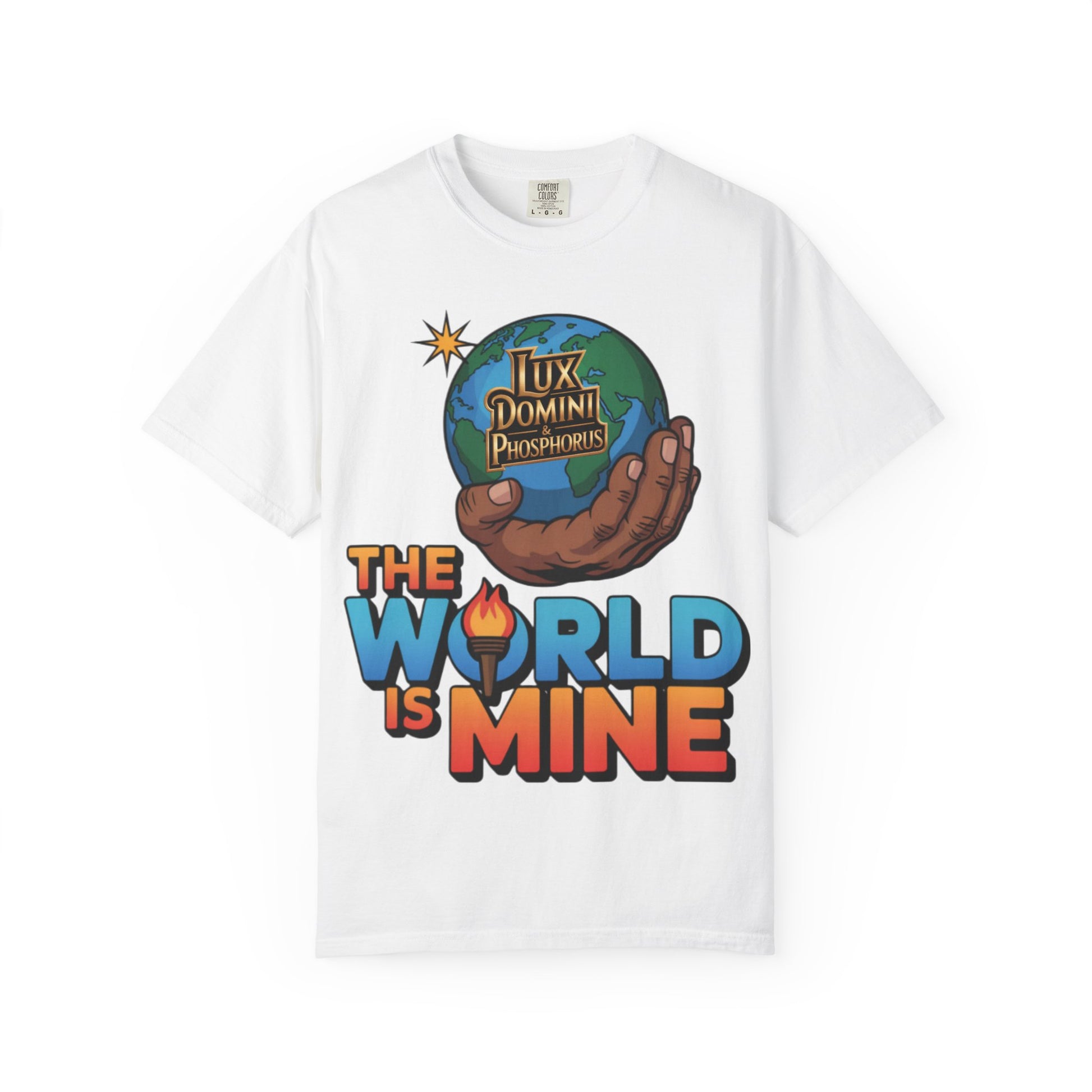 Unisex T-shirt Lux Domini and Phosphoros The World is Mine Design