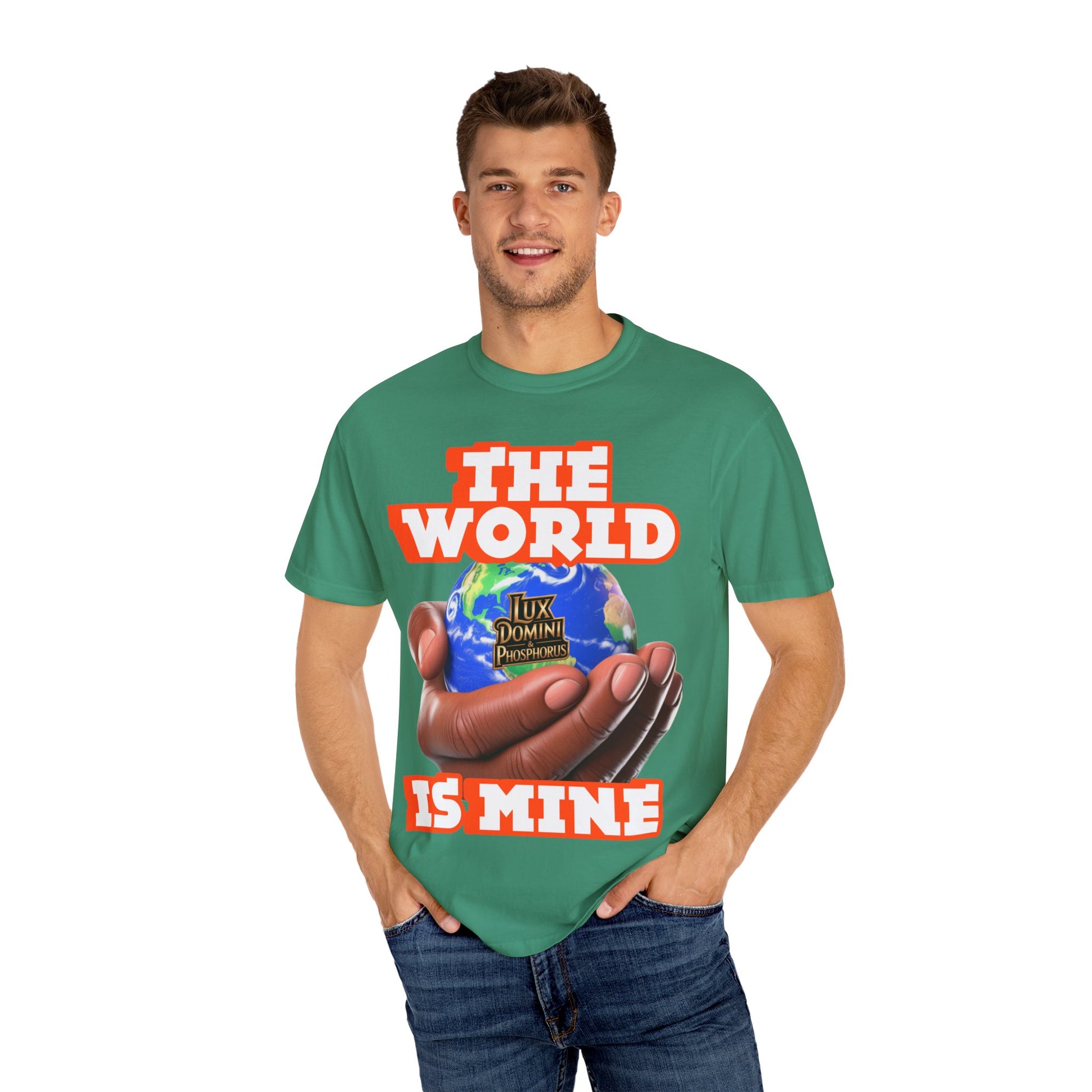 Unisex T-shirt Lux Domini and Phosphoros The World is Mine Design