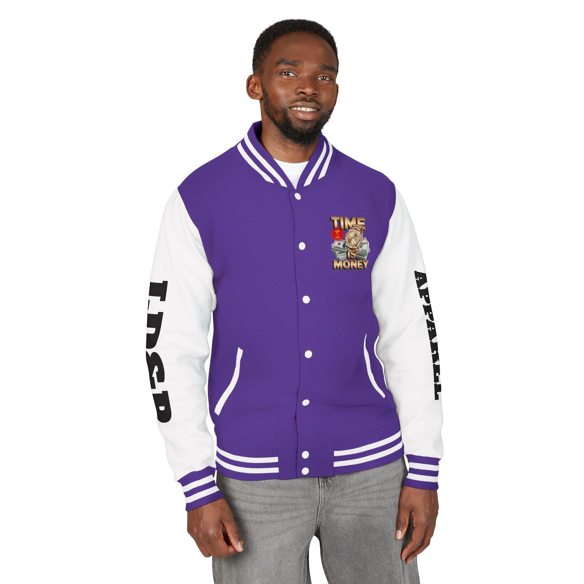 Unisex Heavyweight Letterman Jacket – Time is Money Design