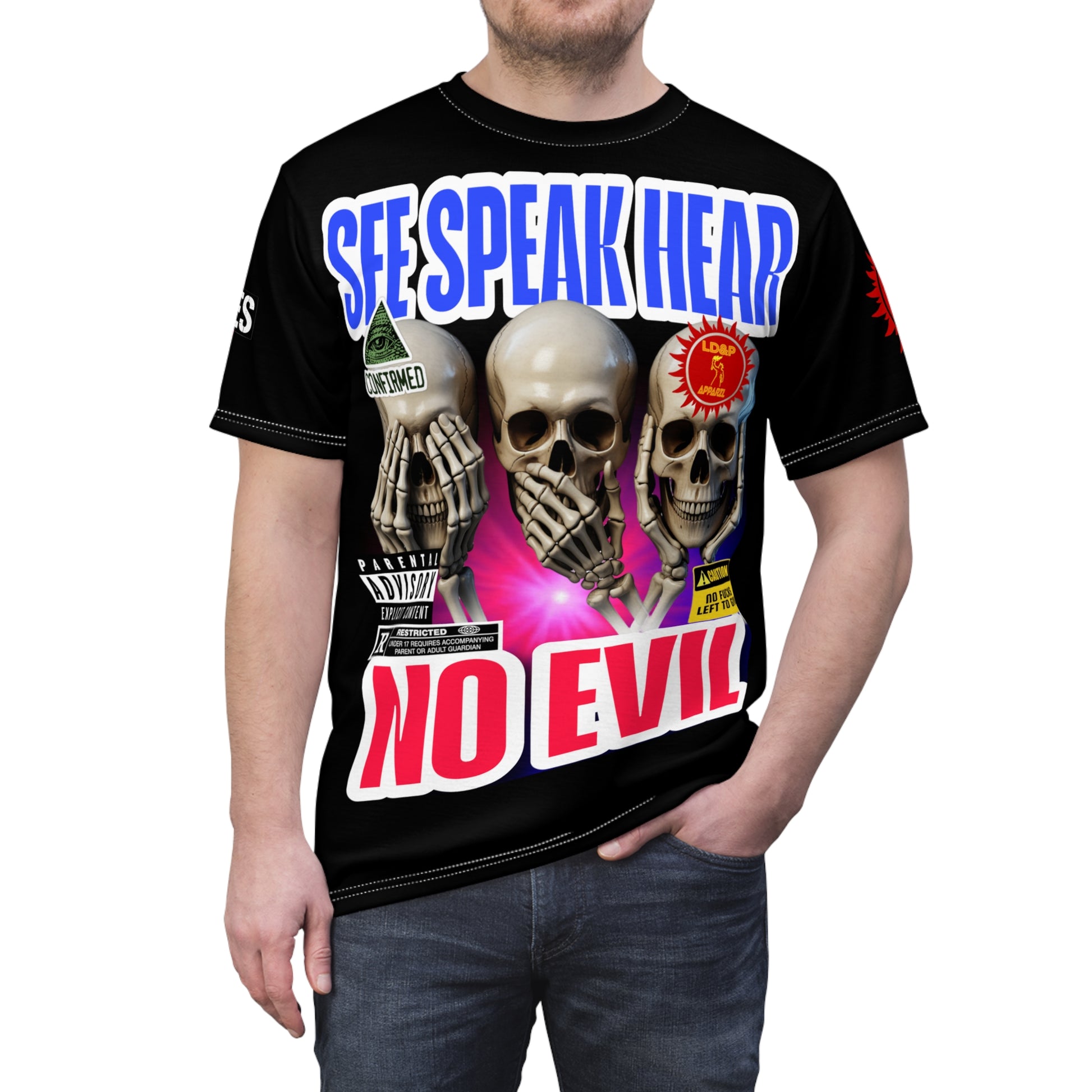 See Speak Hear No Evil Tee — Gothic Skull Graphic All-Over Print Shirtĺļ I