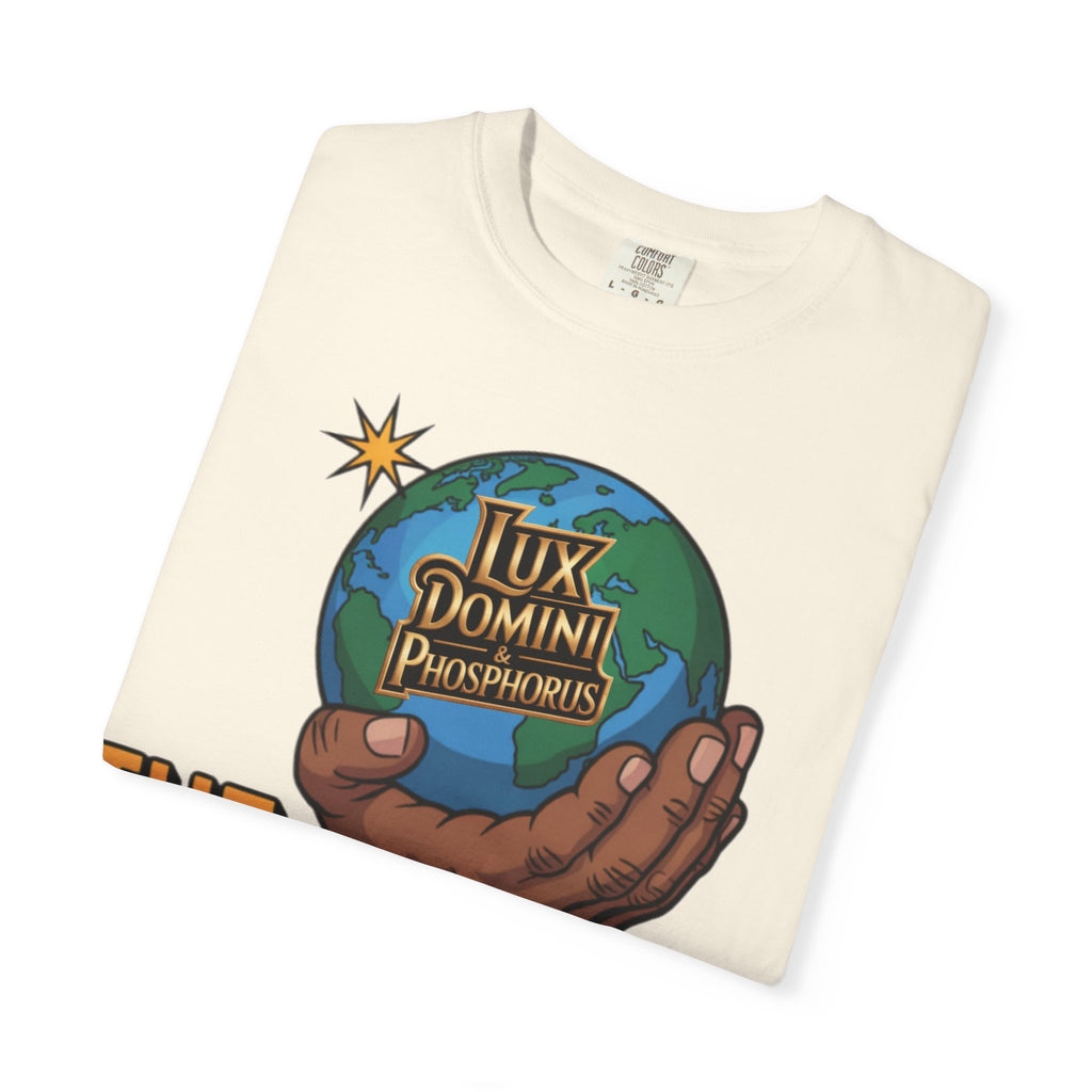 Unisex T-shirt Lux Domini and Phosphoros The World is Mine Design