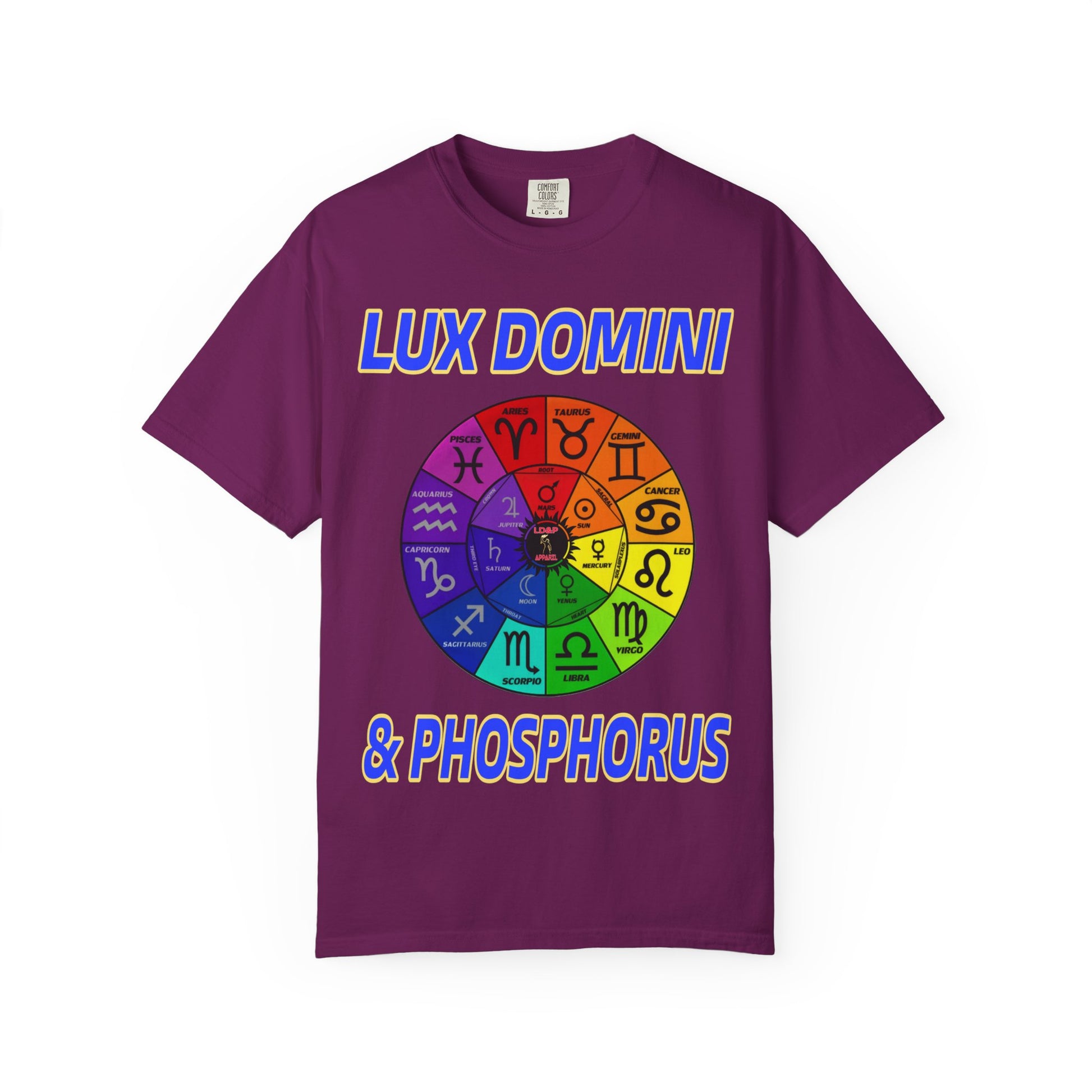 Unisex T-shirt Lux Domini and Phosphorus Zodiac Wheel Design