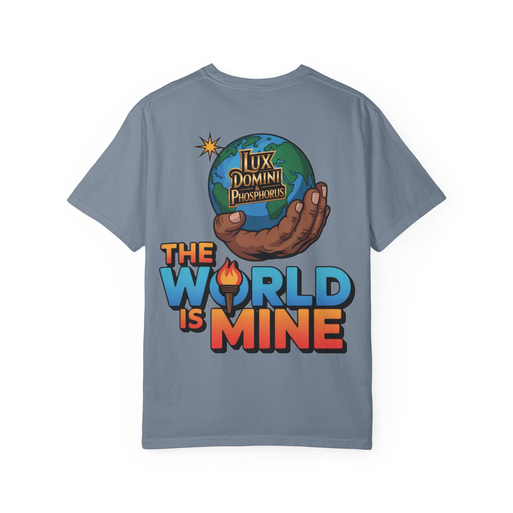 Unisex T-shirt Lux Domini and Phosphoros The World is Mine Design