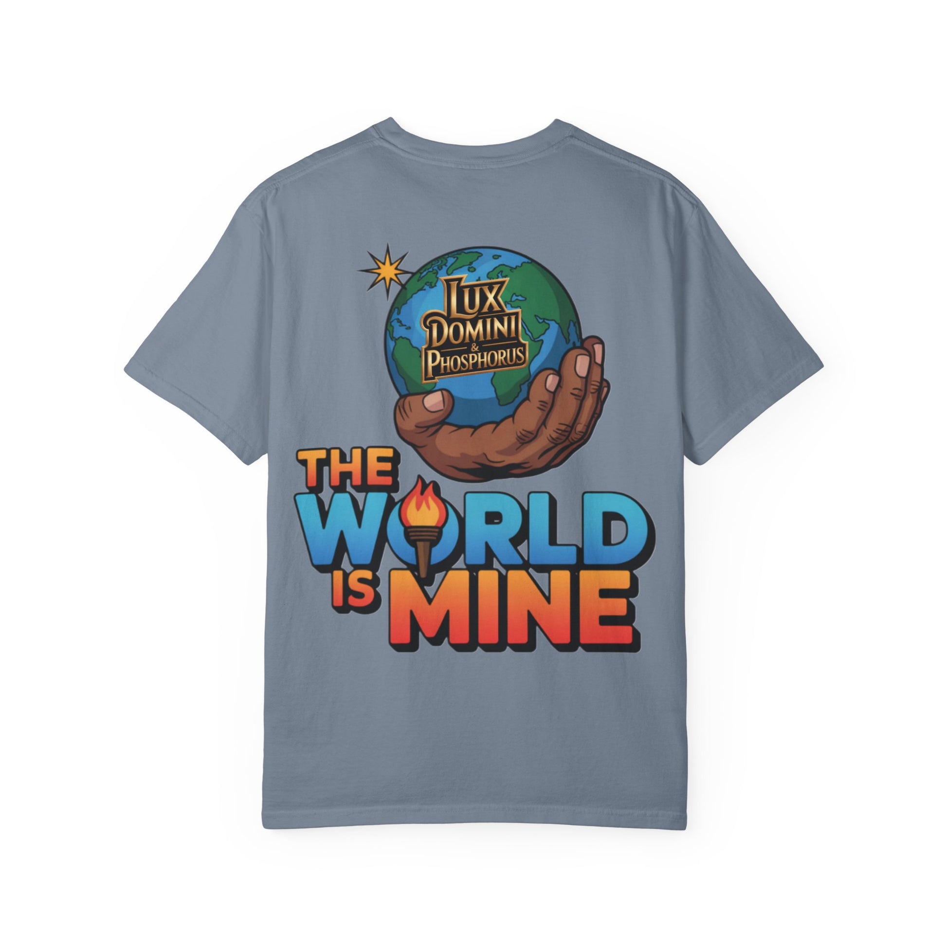 Unisex T-shirt Lux Domini and Phosphoros The World is Mine Design