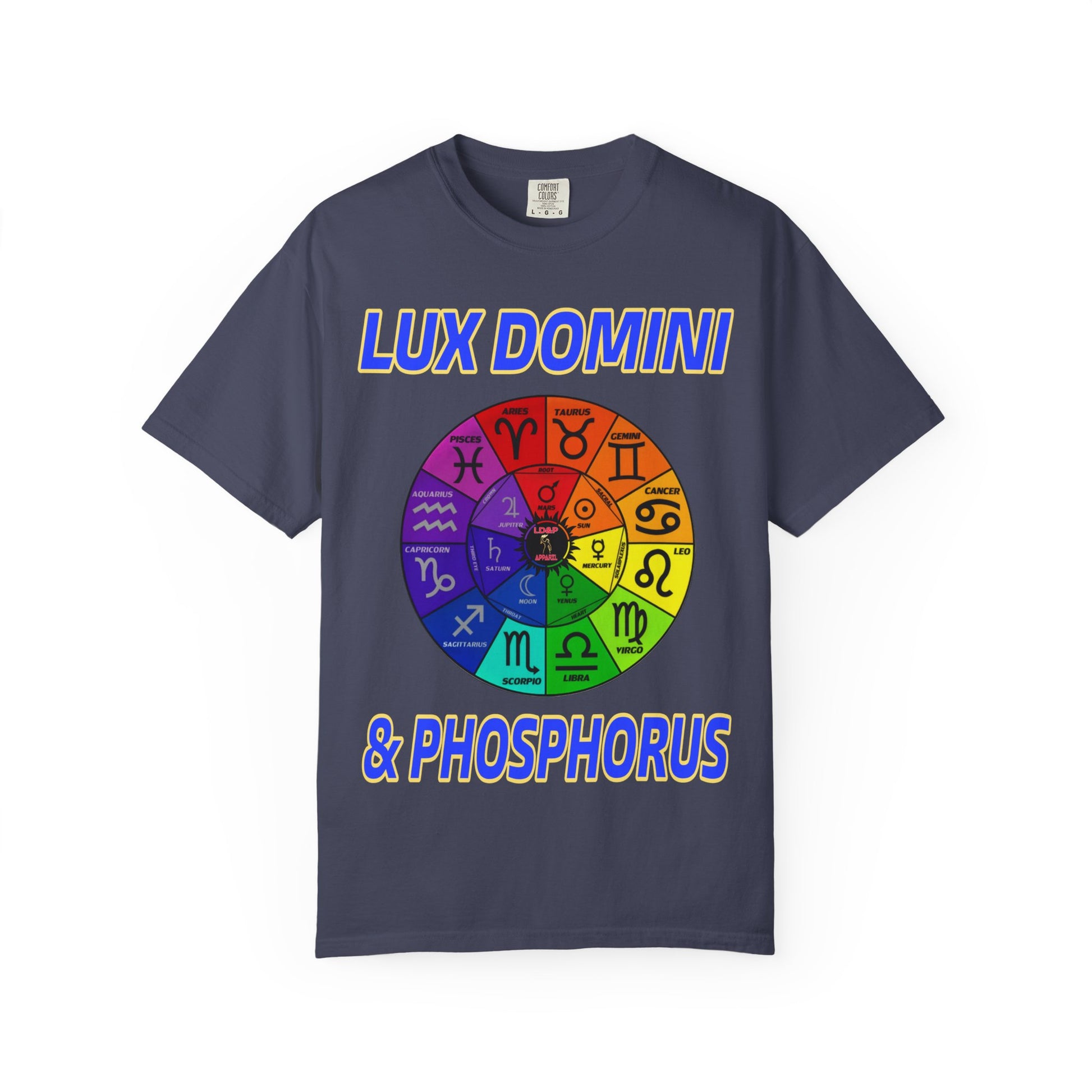 Unisex T-shirt Lux Domini and Phosphorus Zodiac Wheel Design
