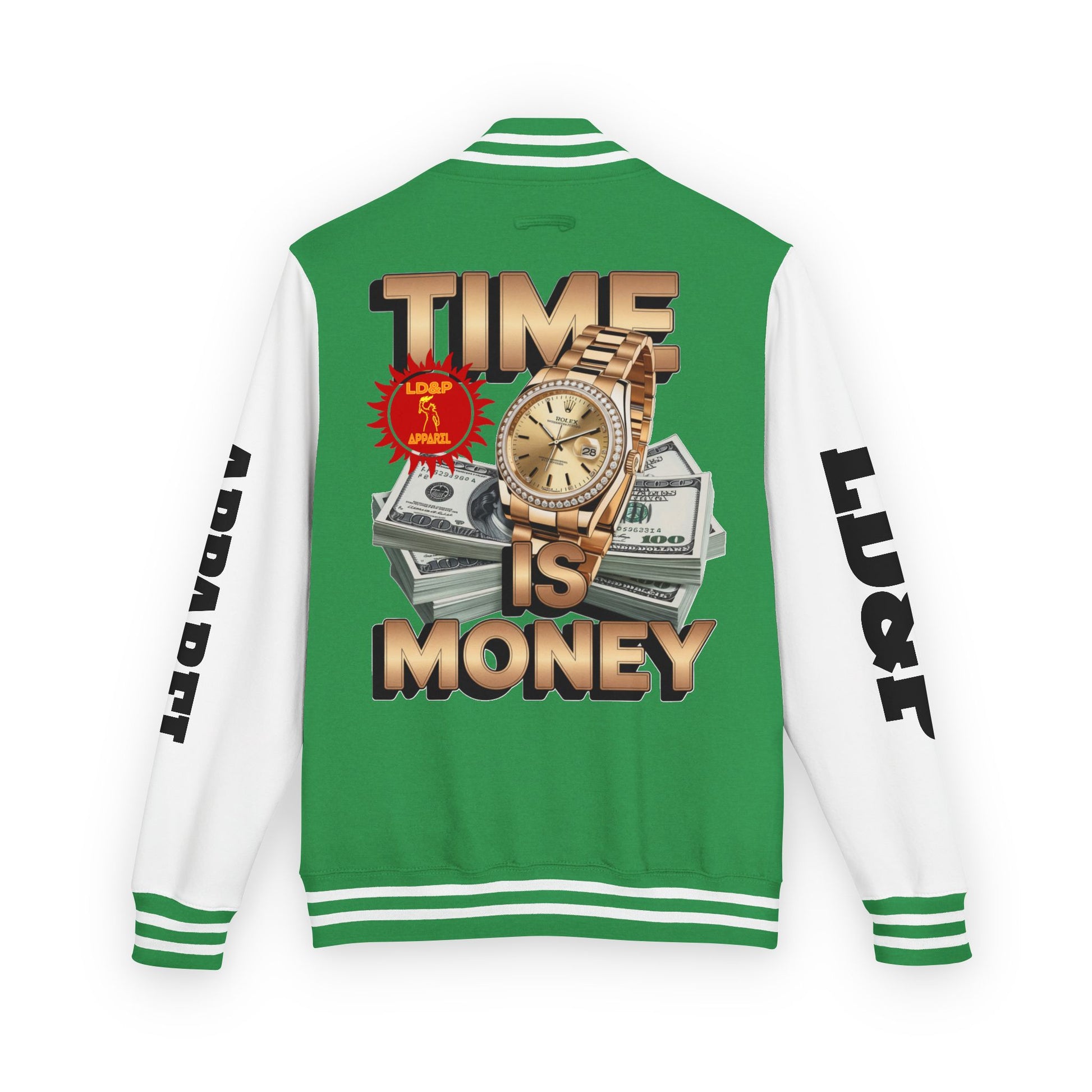 Unisex Heavyweight Letterman Jacket – Time is Money Design