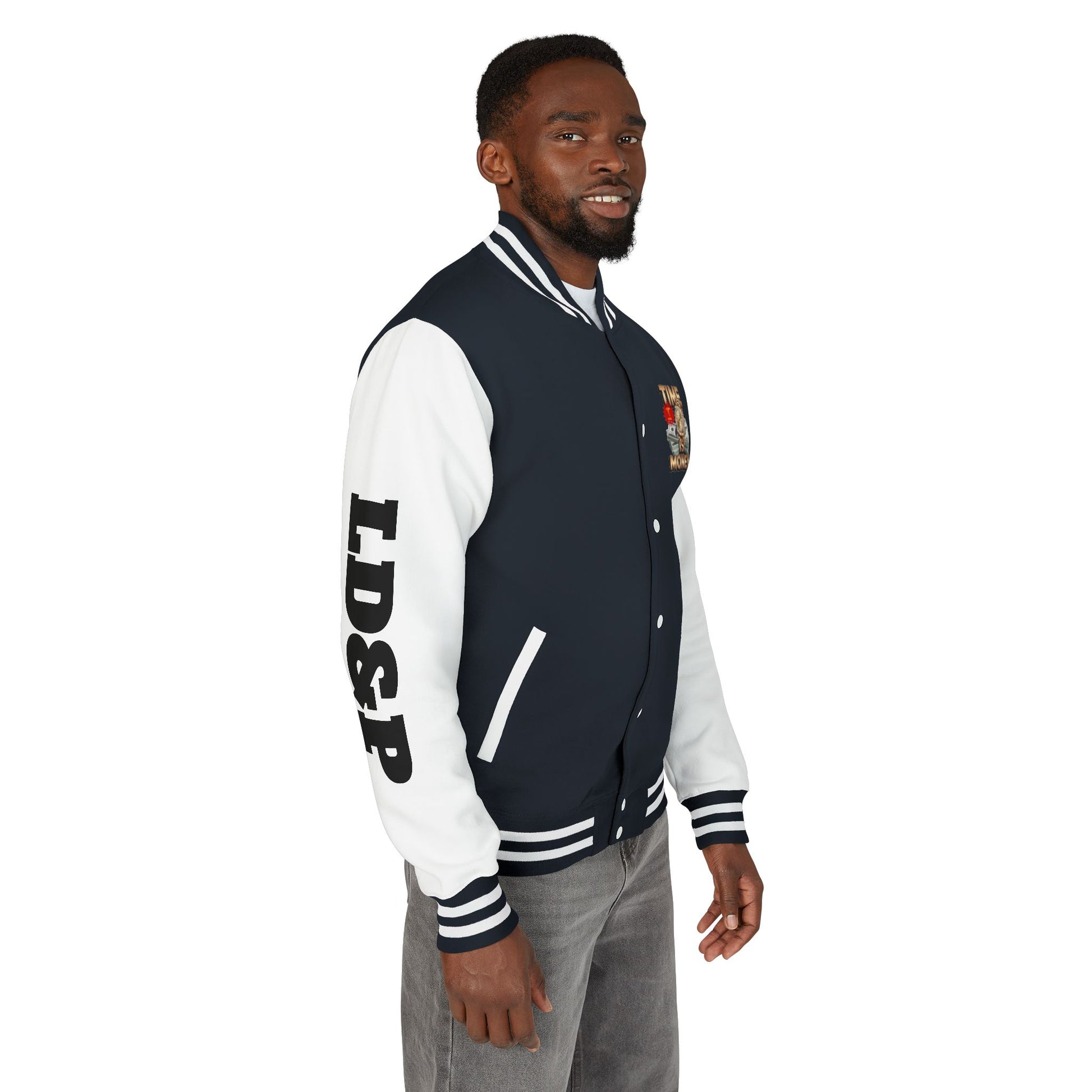 Unisex Heavyweight Letterman Jacket – Time is Money Design