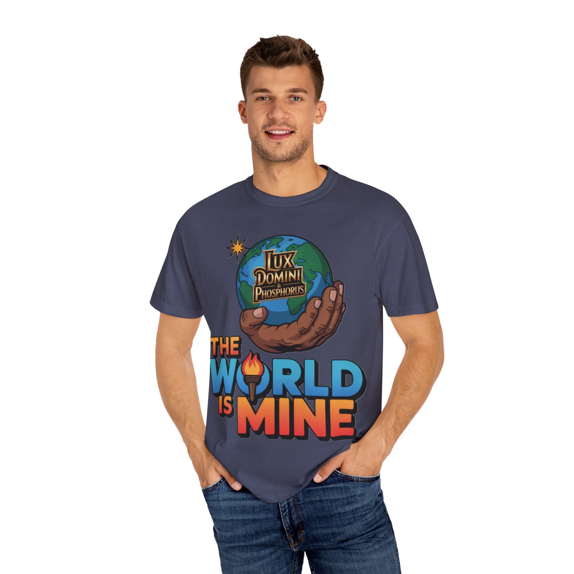 Unisex T-shirt Lux Domini and Phosphoros The World is Mine Design