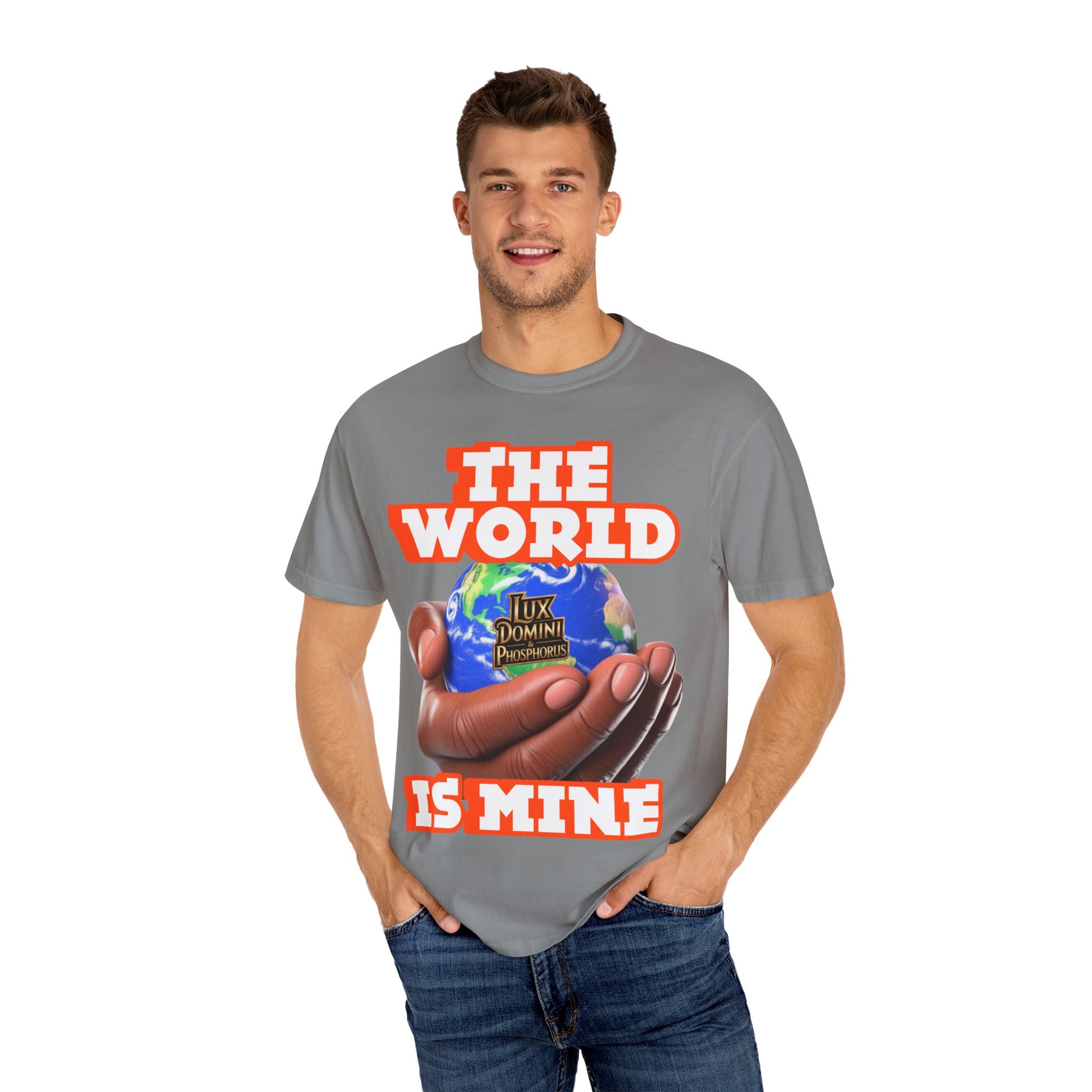 Unisex T-shirt Lux Domini and Phosphoros The World is Mine Design