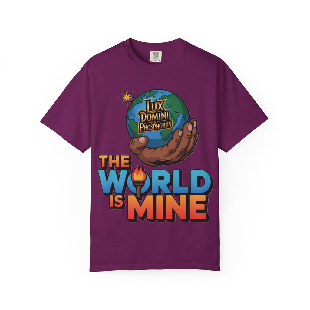 Unisex T-shirt Lux Domini and Phosphoros The World is Mine Design