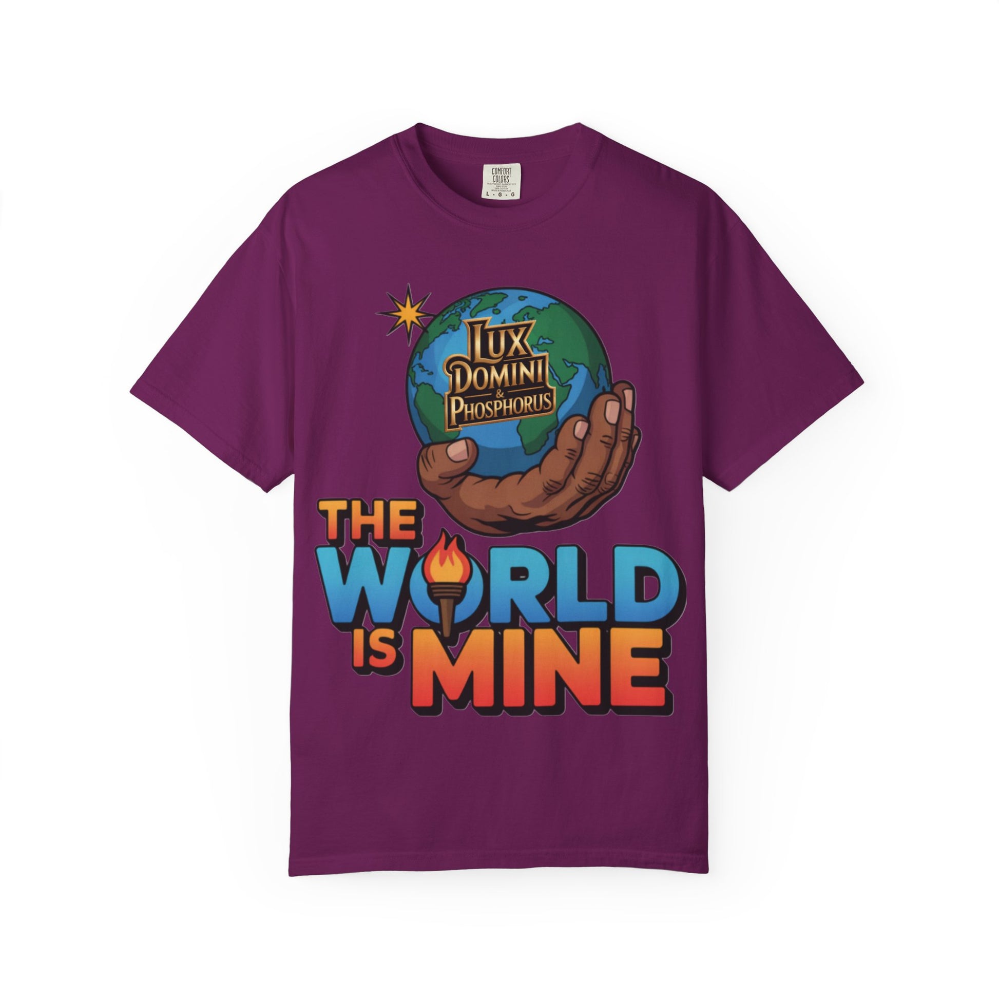 Unisex T-shirt Lux Domini and Phosphoros The World is Mine Design