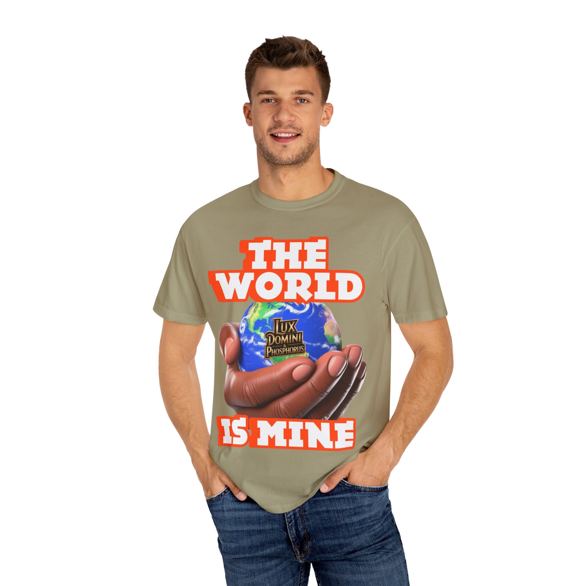 Unisex T-shirt Lux Domini and Phosphoros The World is Mine Design