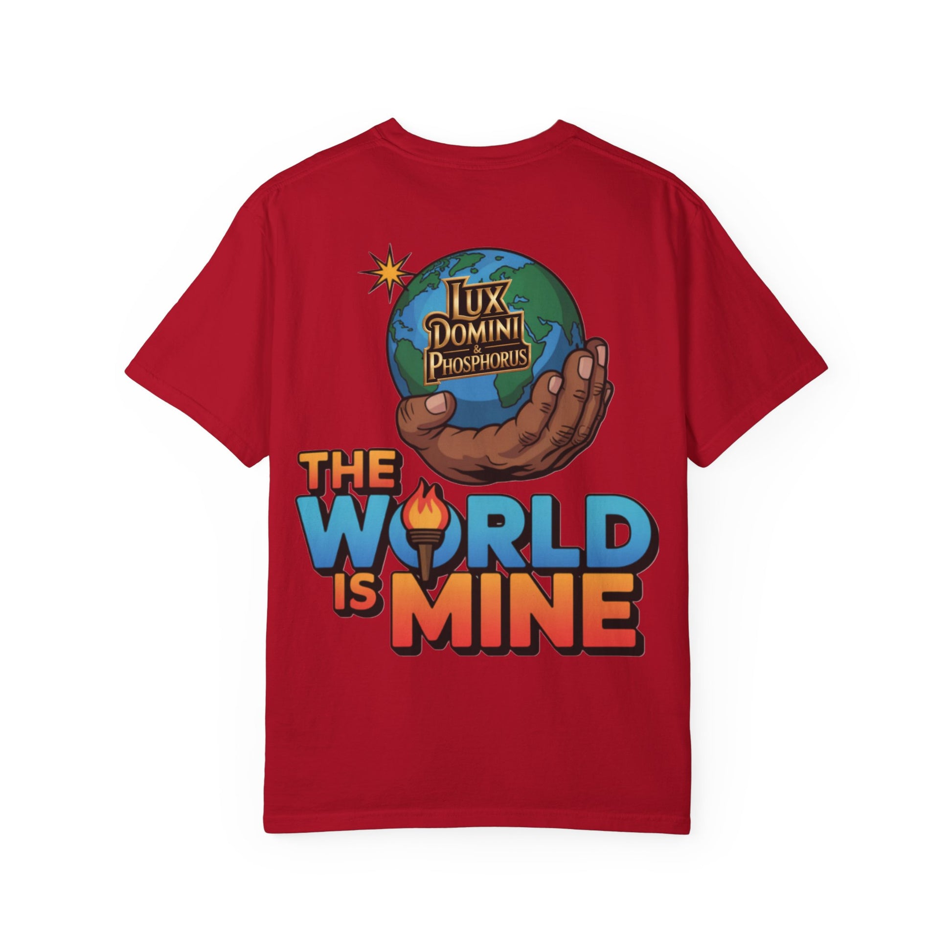 Unisex T-shirt Lux Domini and Phosphoros The World is Mine Design