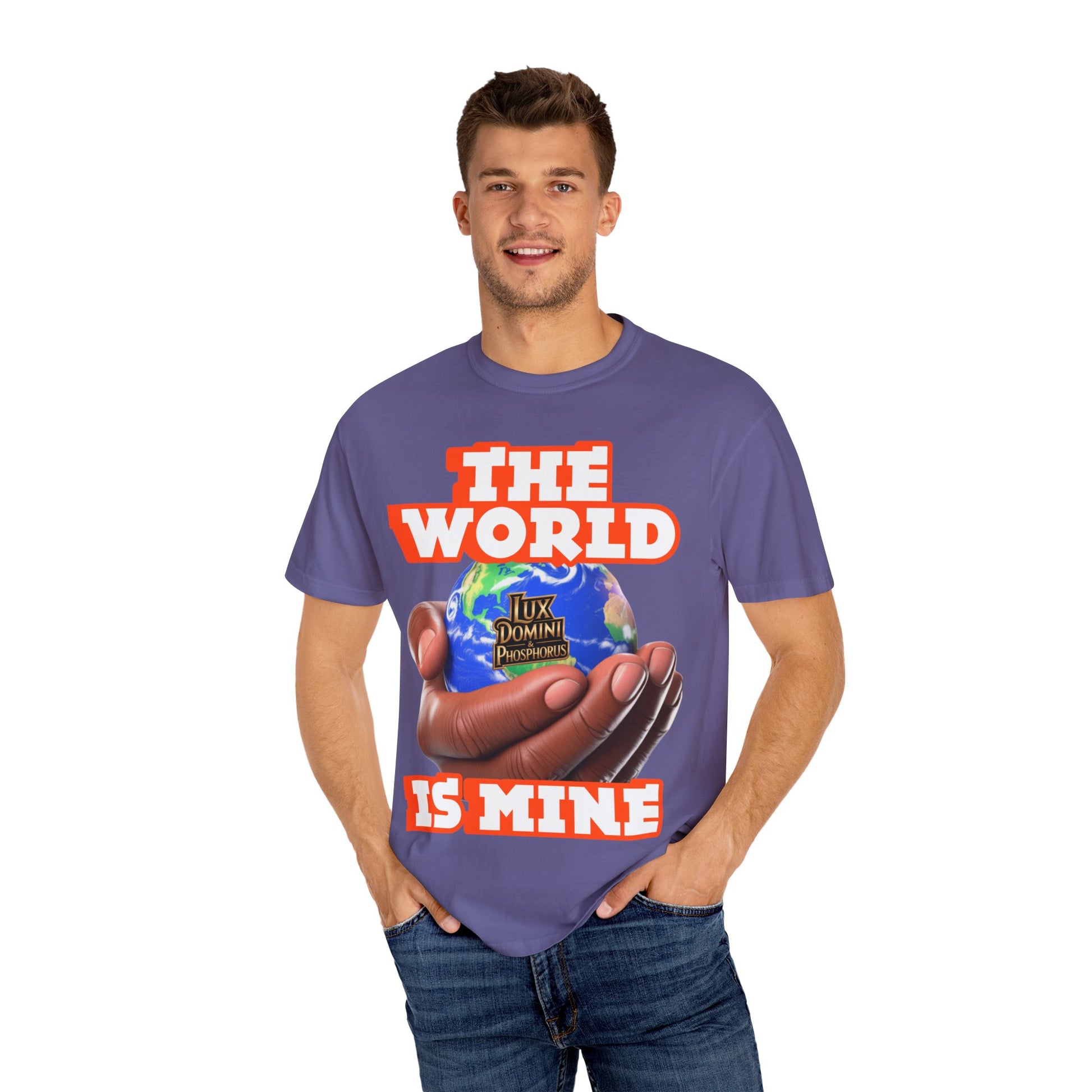 Unisex T-shirt Lux Domini and Phosphoros The World is Mine Design