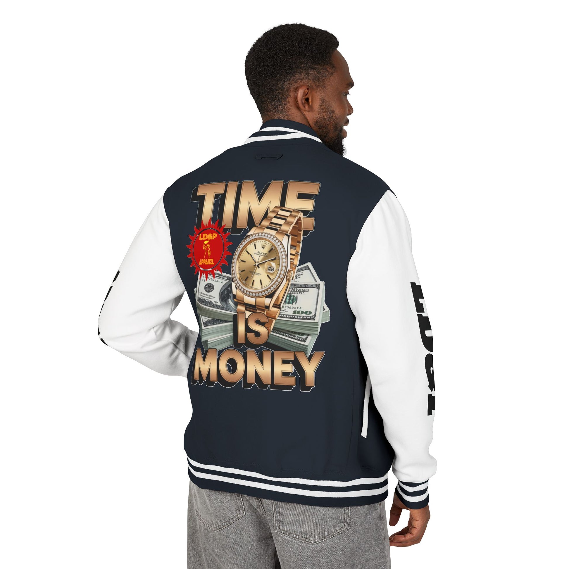 Unisex Heavyweight Letterman Jacket – Time is Money Design