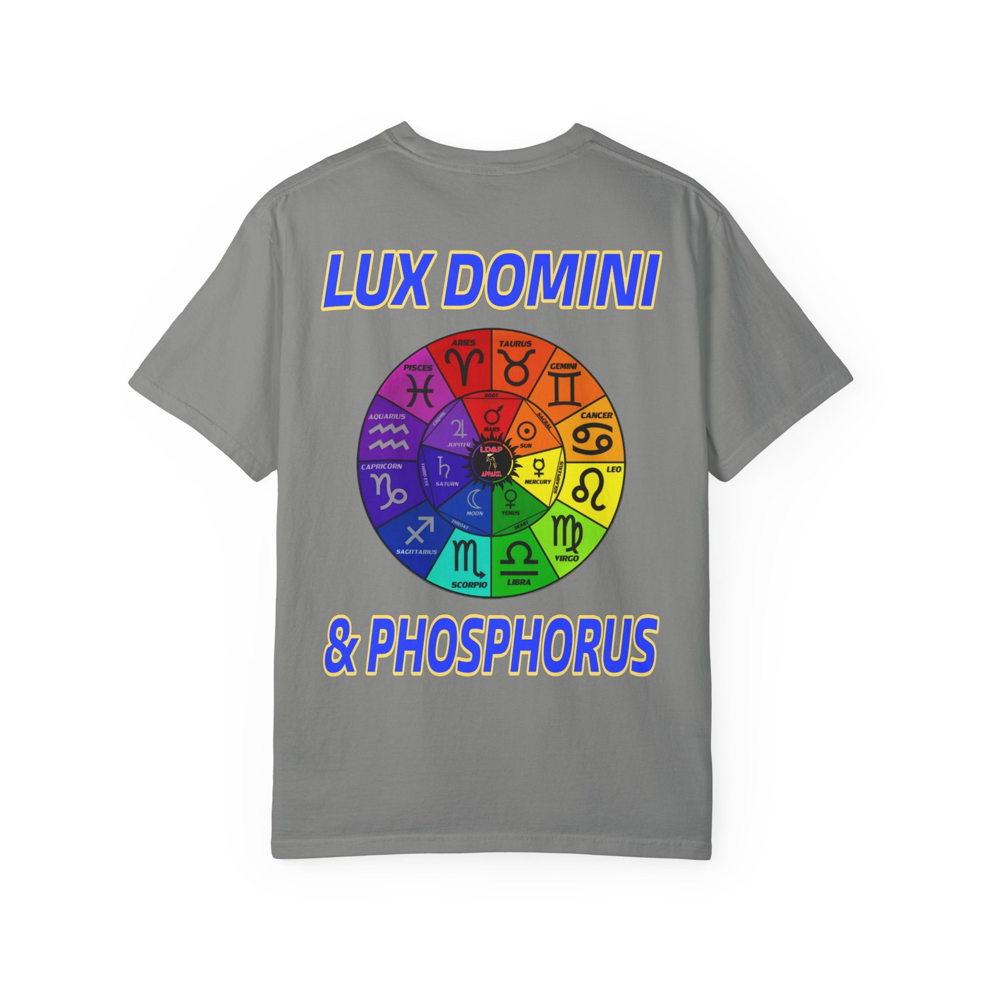Unisex T-shirt Lux Domini and Phosphorus Zodiac Wheel Design
